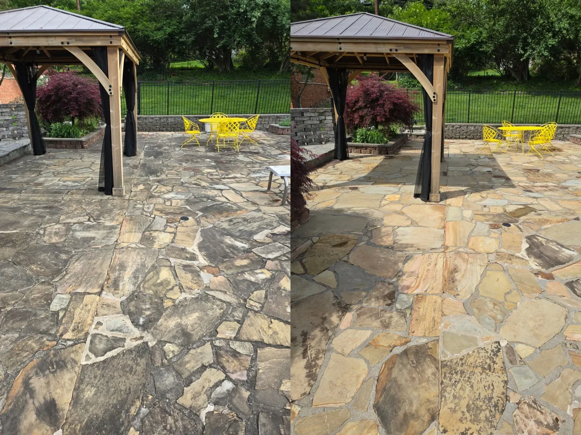 A before and after photo of a stone patio with a gazebo.