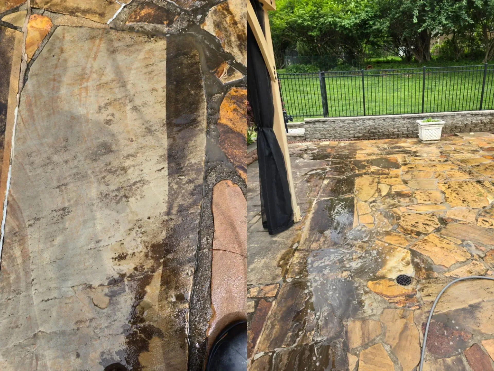 A before and after picture of a stone patio.