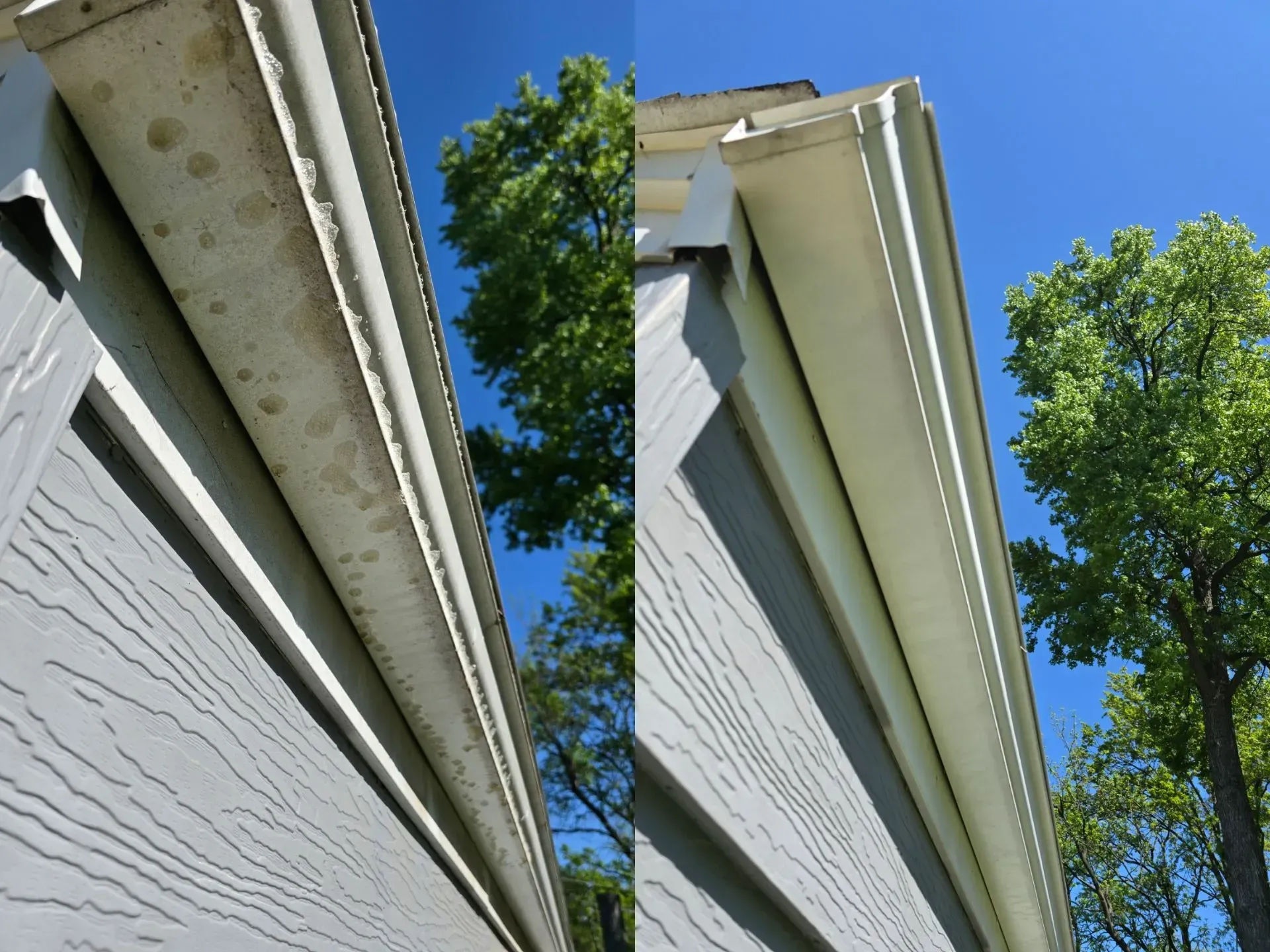 A before and after picture of a gutter on a house