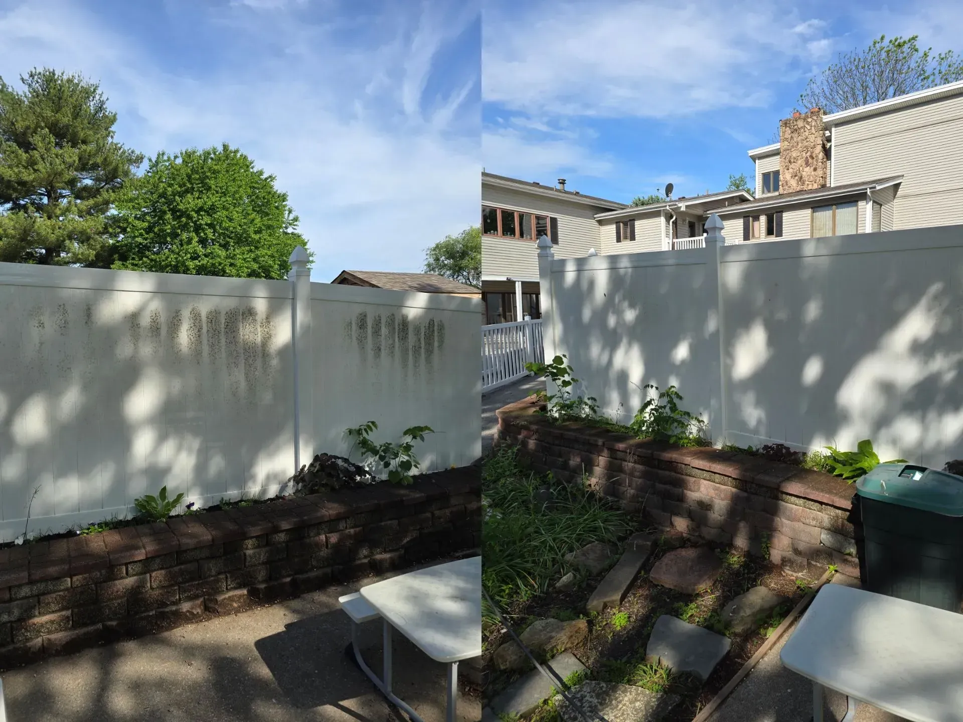 A before and after picture of a white fence in a backyard.
