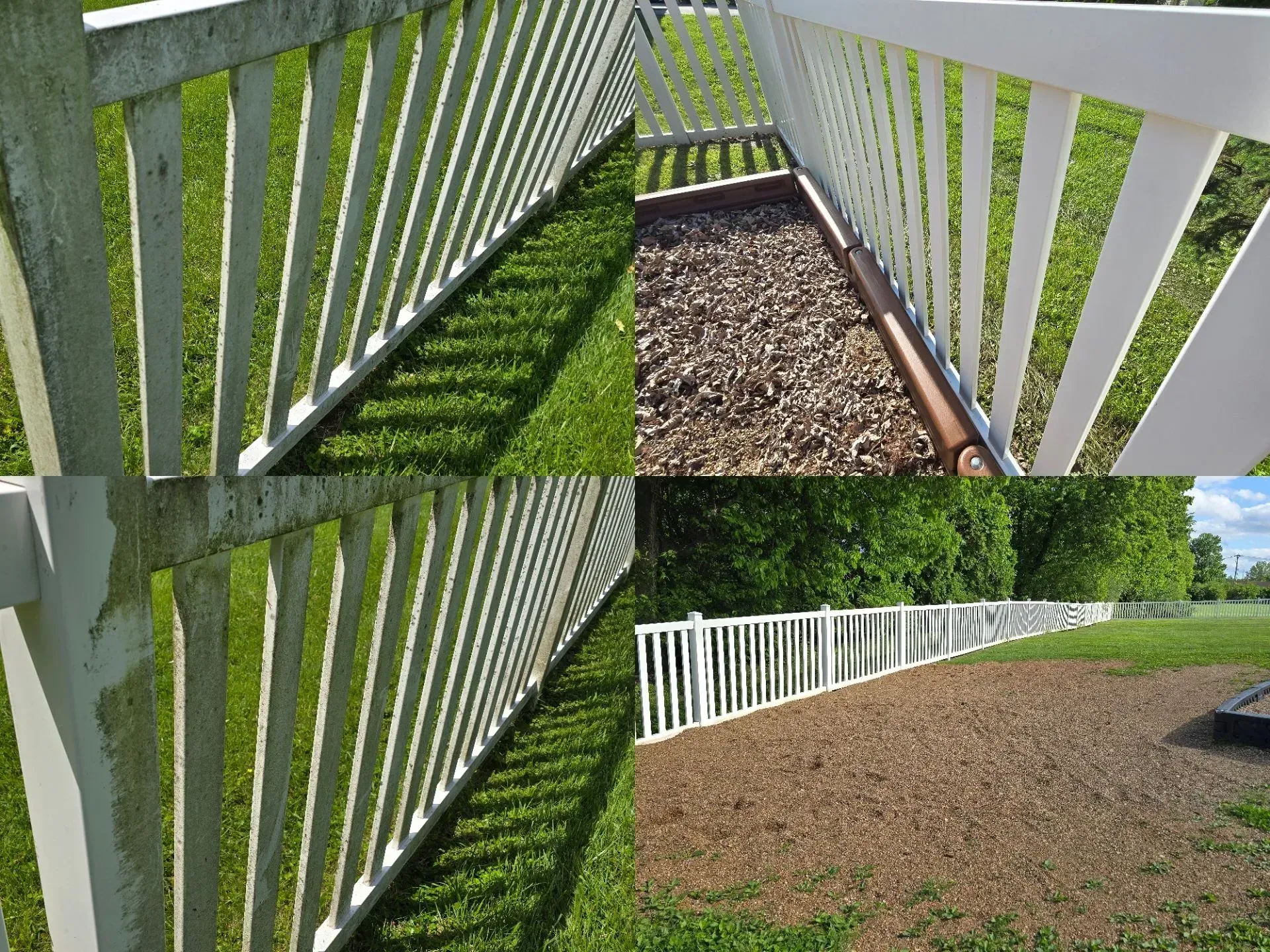 A white fence is shown in a collage of four pictures