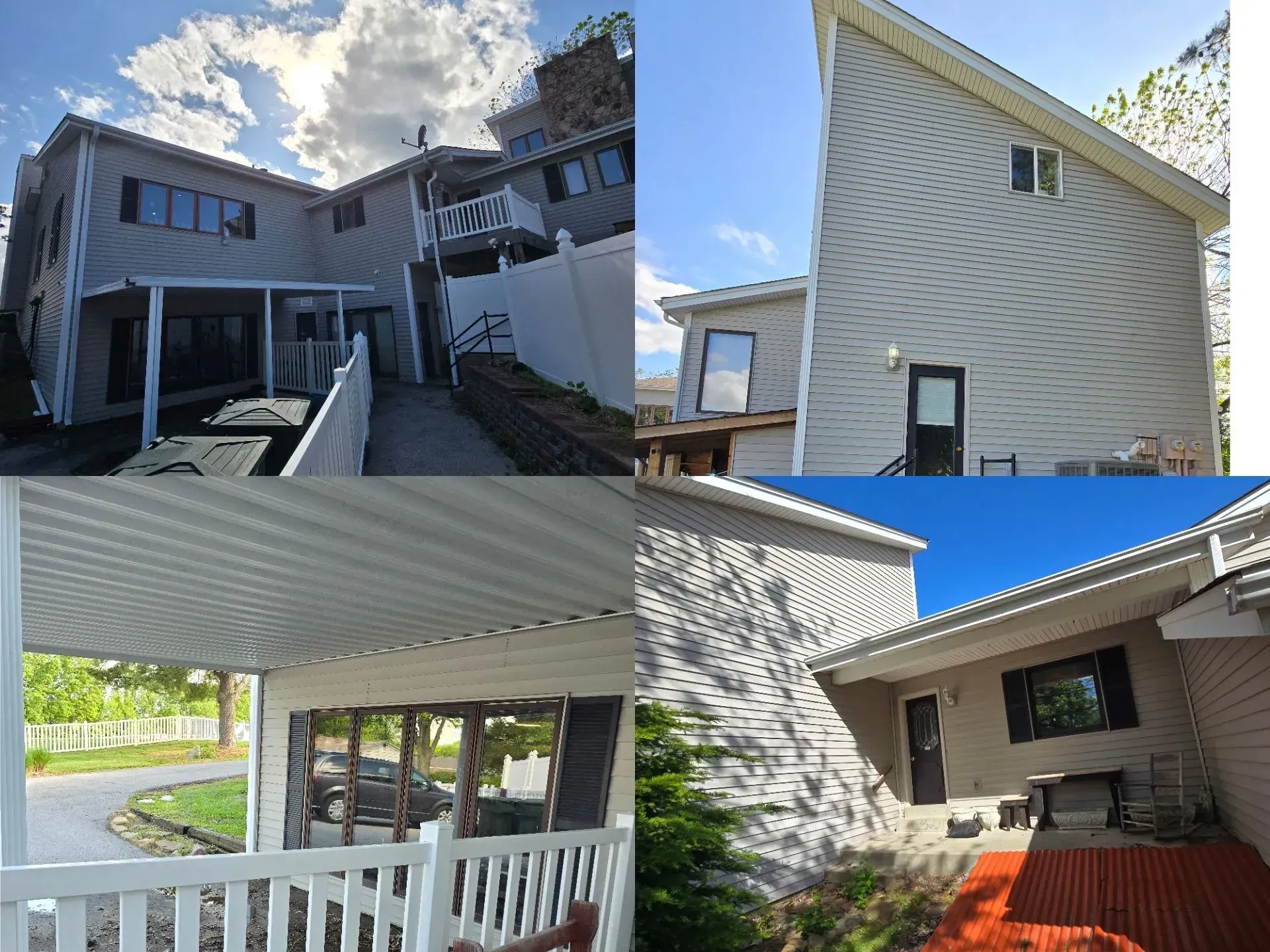 A collage of four pictures of a house with white siding
