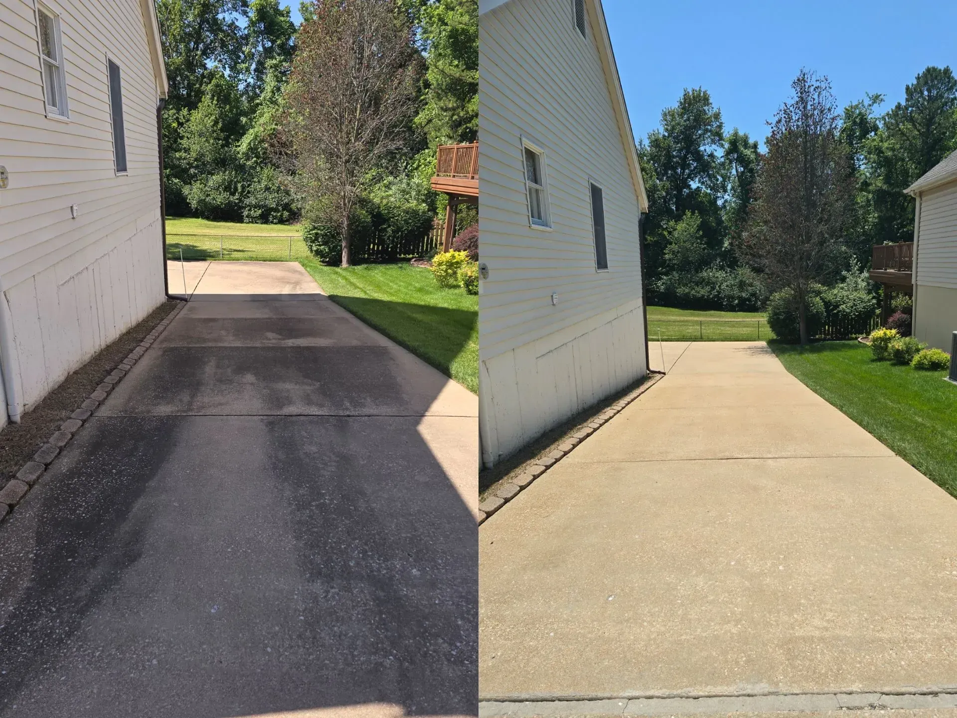 A before and after picture of a driveway with a house in the background.