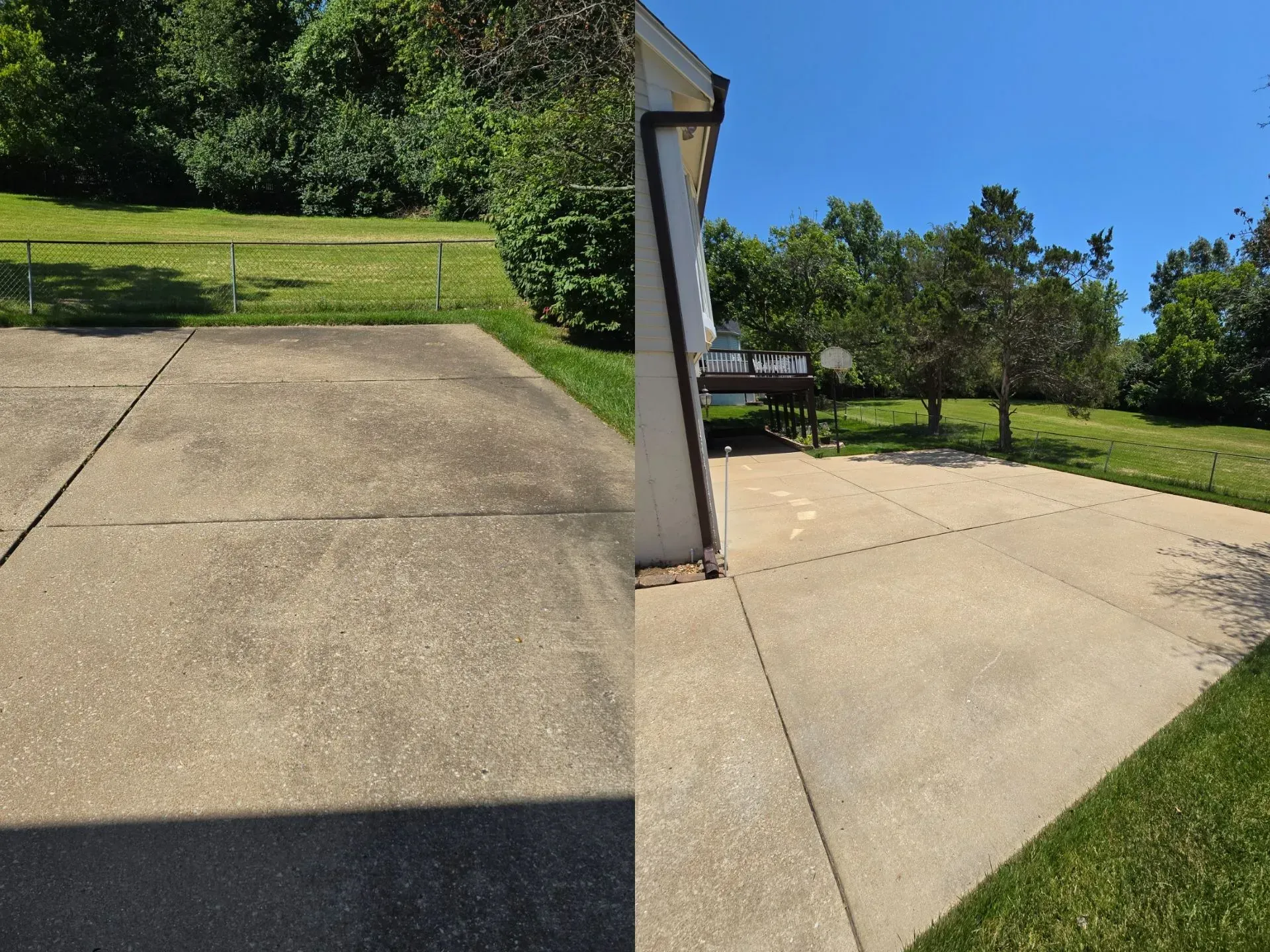 A before and after picture of a concrete driveway.