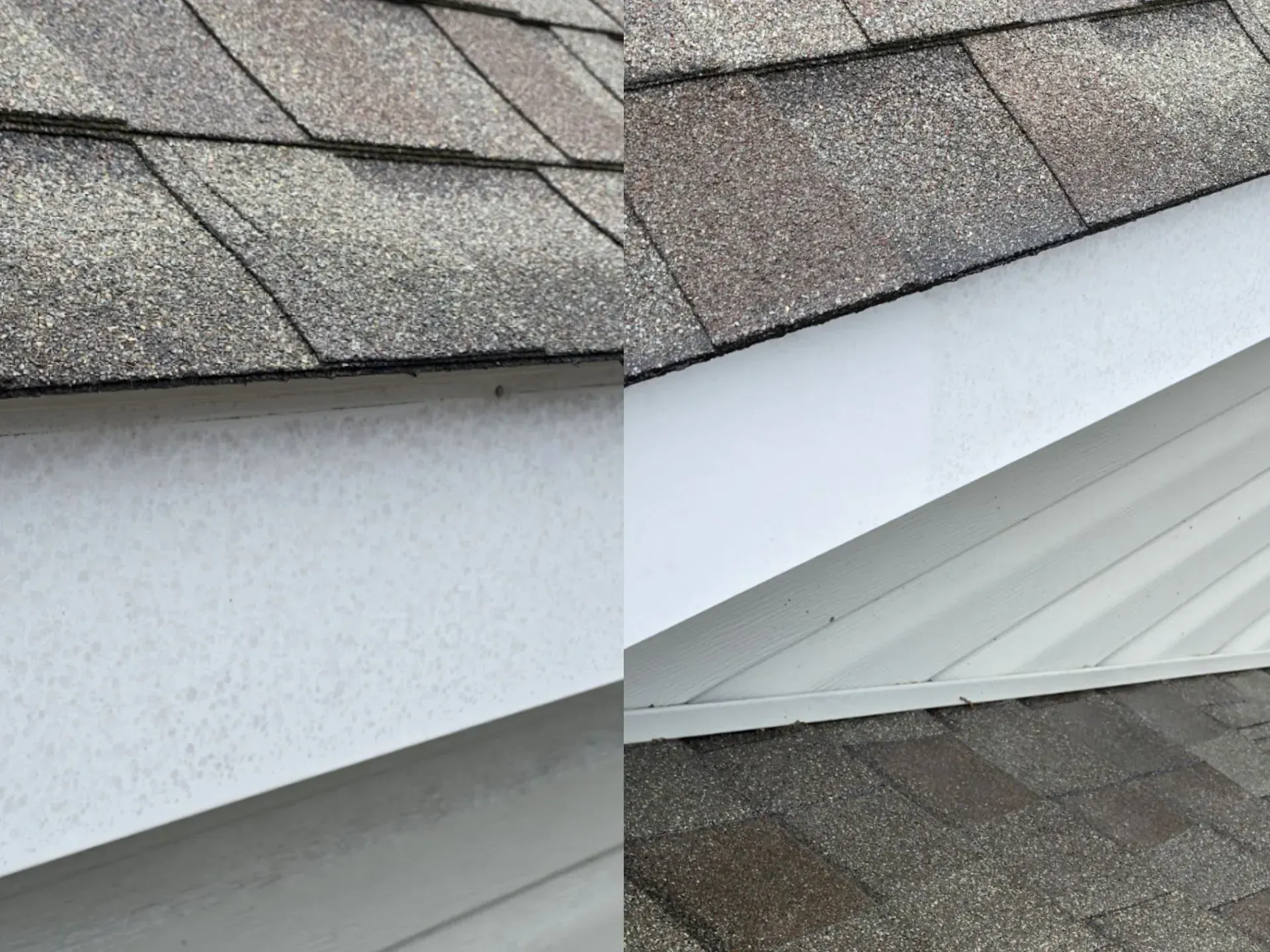 A roof with shingles and a white trim and a roof with shingles and a white trim.