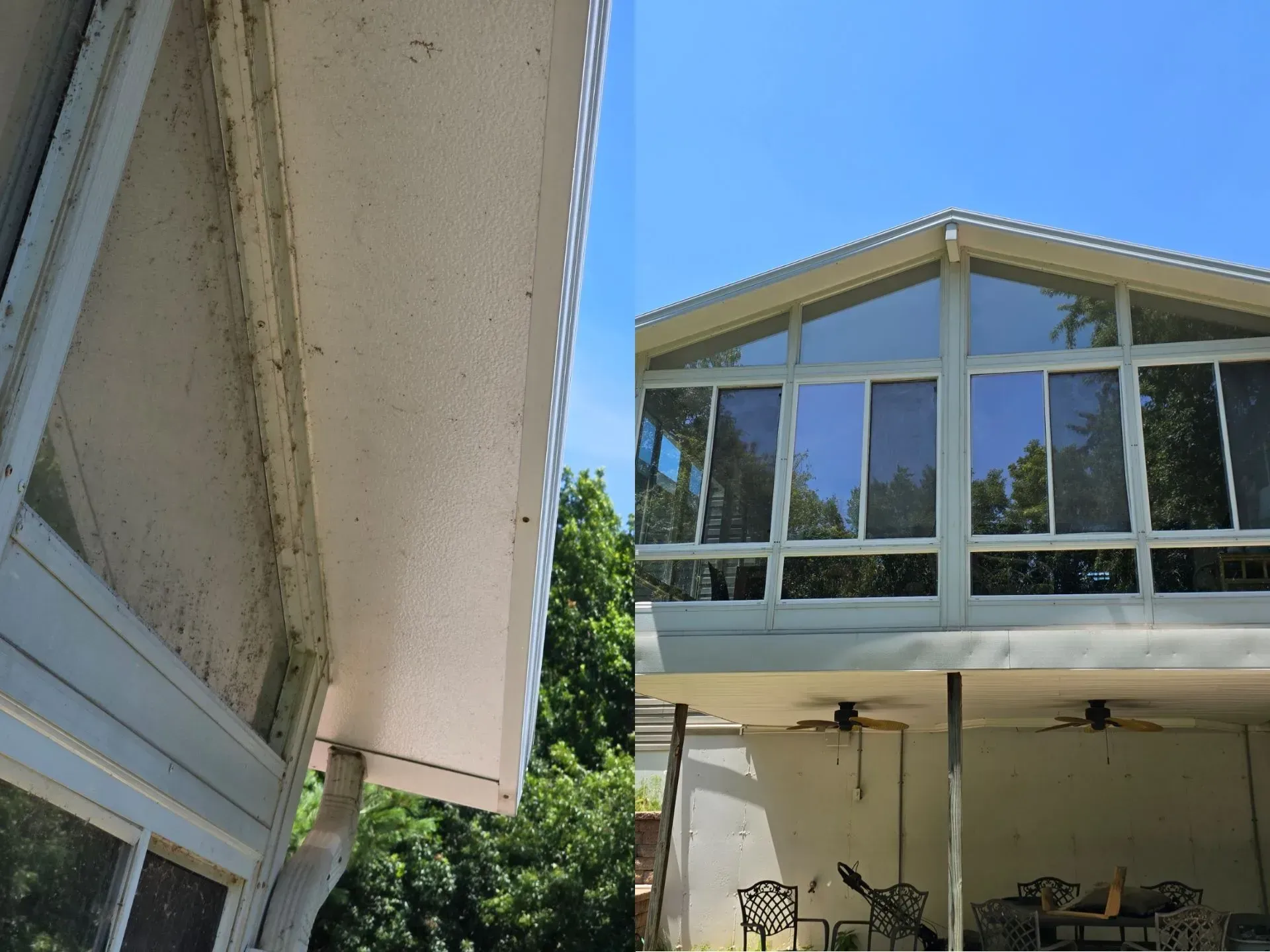 A house with a lot of windows and a blue sky in the background