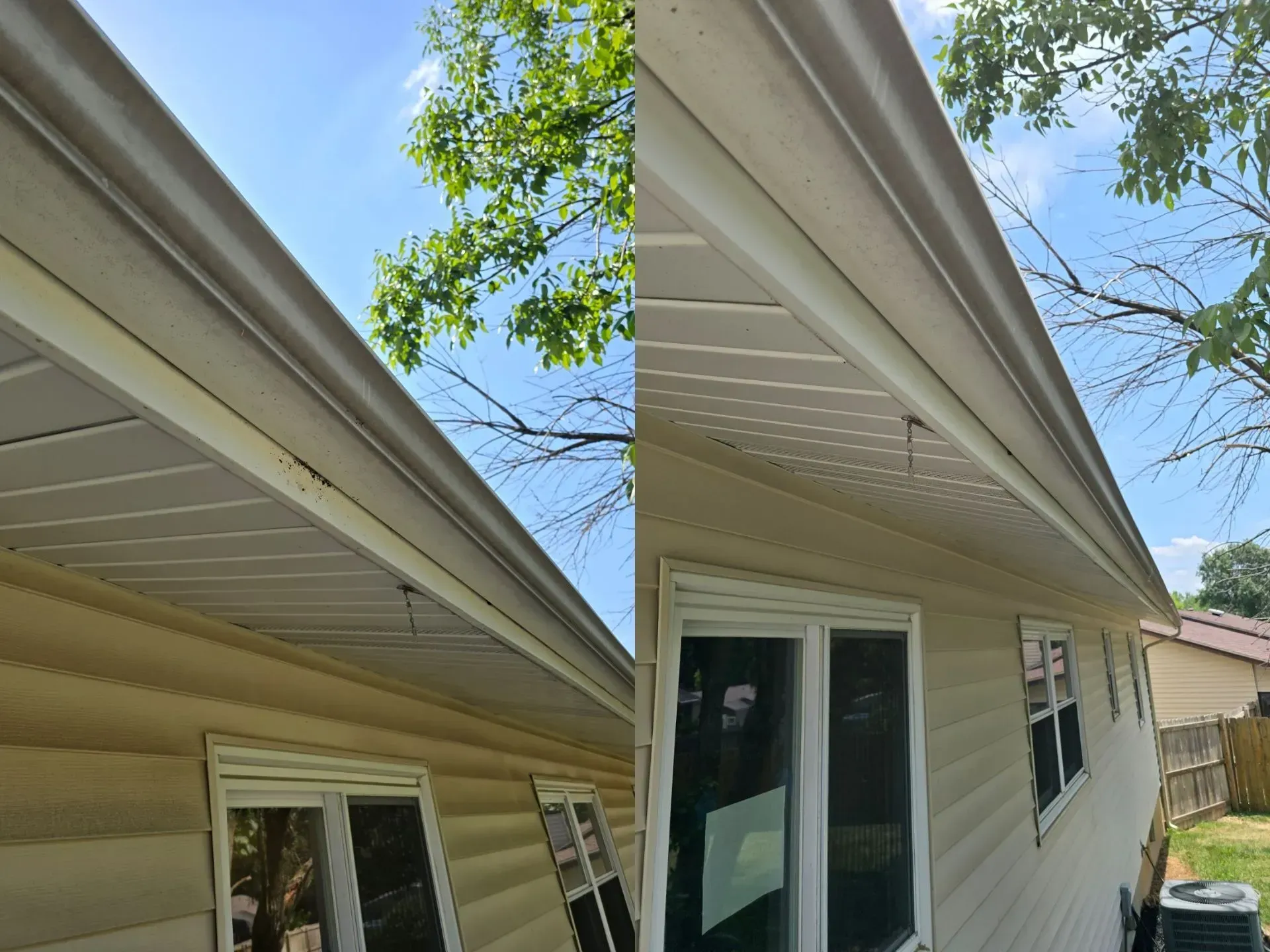 A before and after picture of a house with gutters and windows.