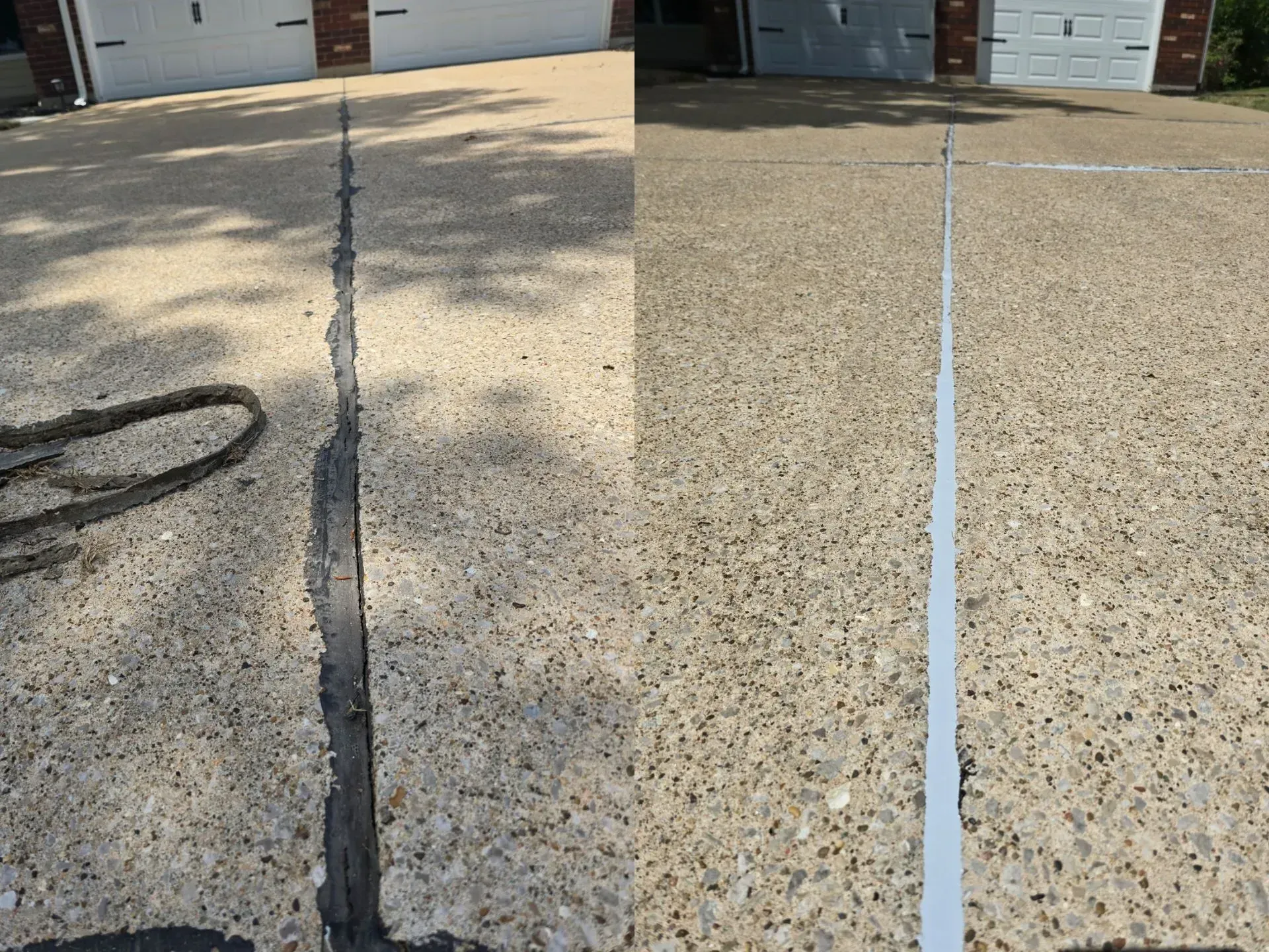 A before and after photo of a concrete driveway.