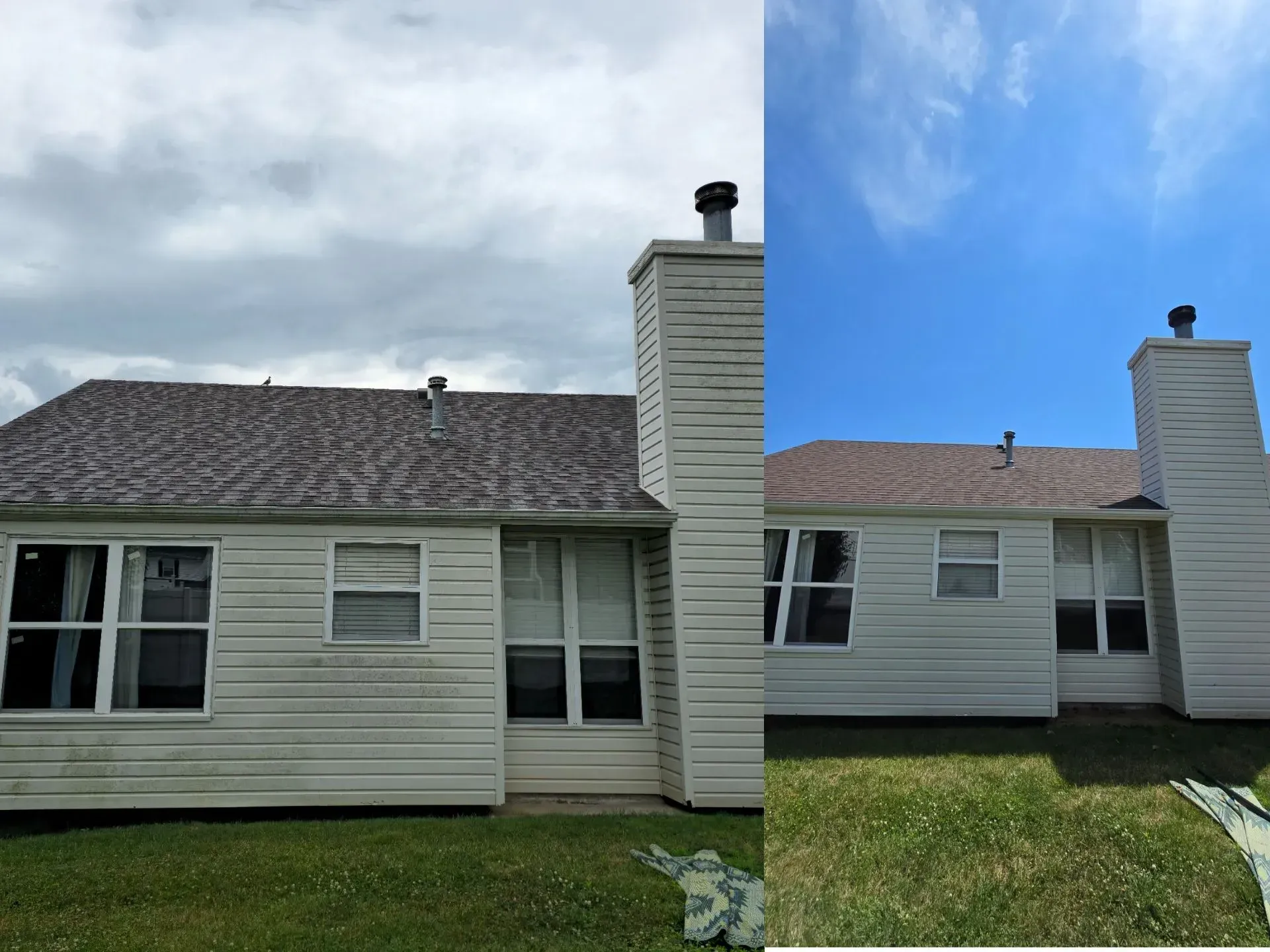 A before and after picture of a house with a chimney