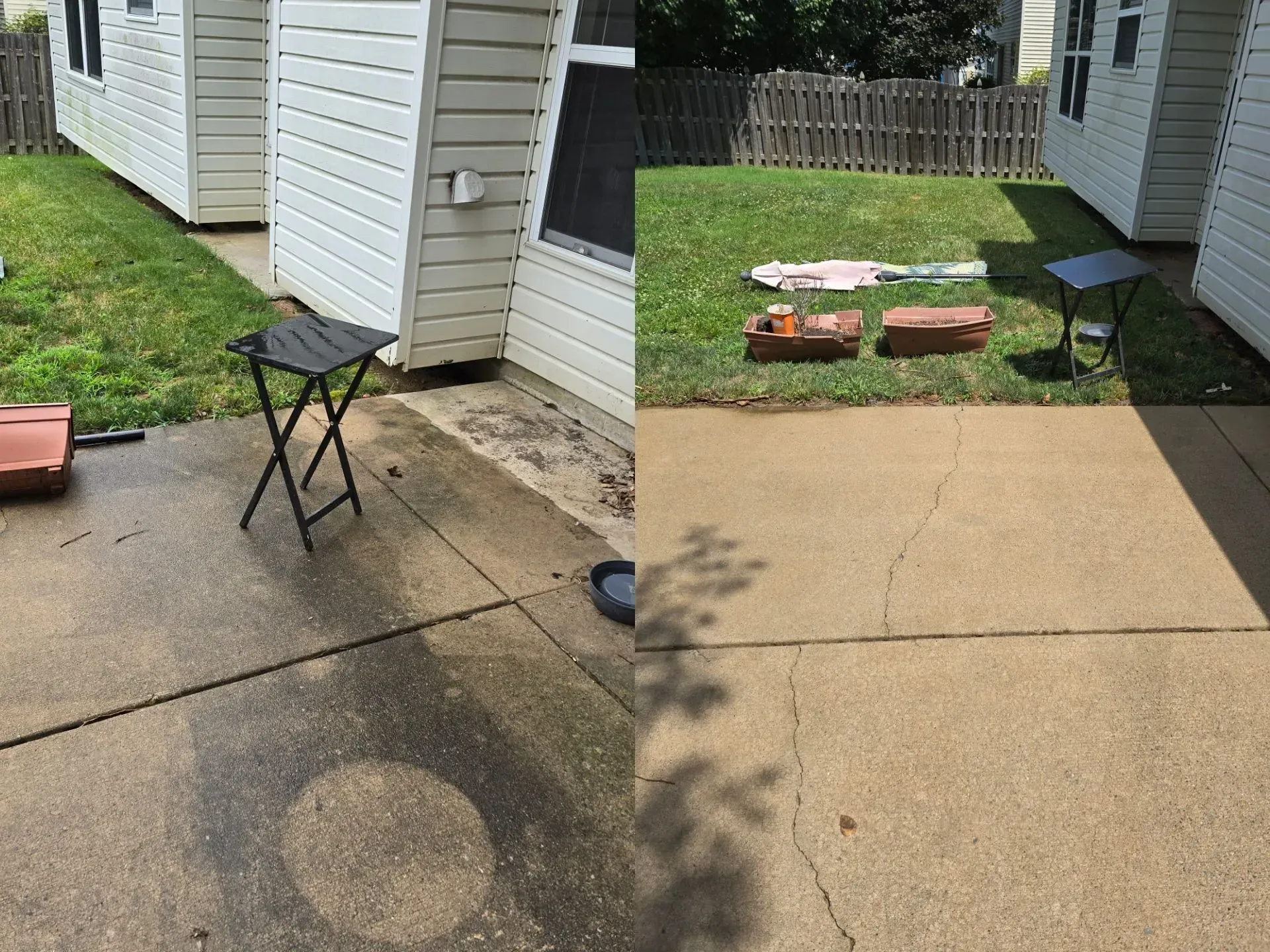 A before and after picture of a patio with a table and chairs.
