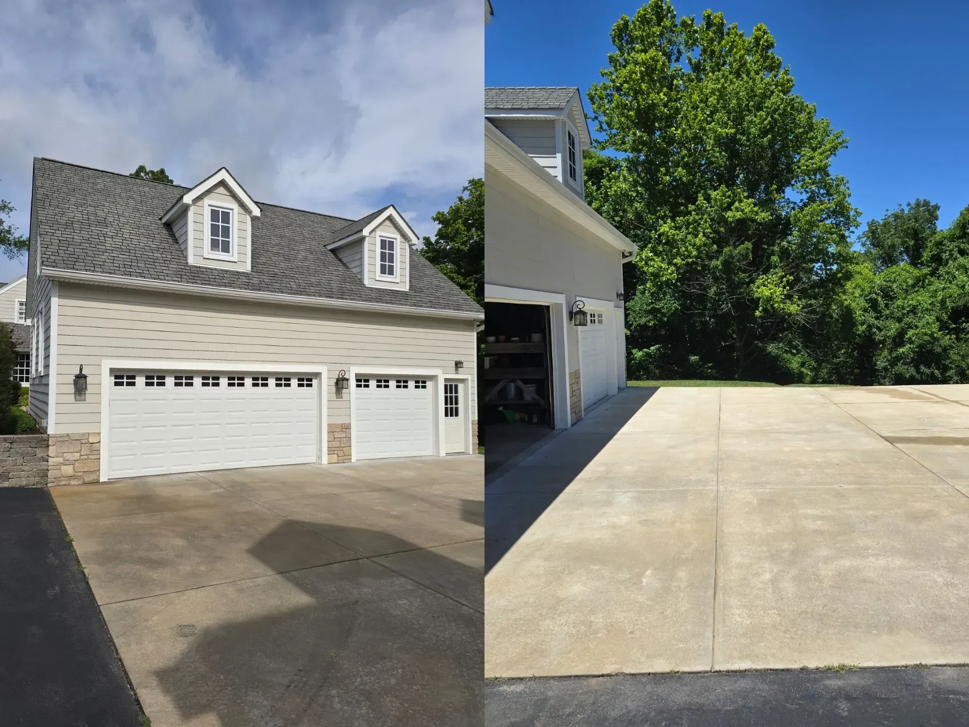 A before and after picture of a garage and driveway.