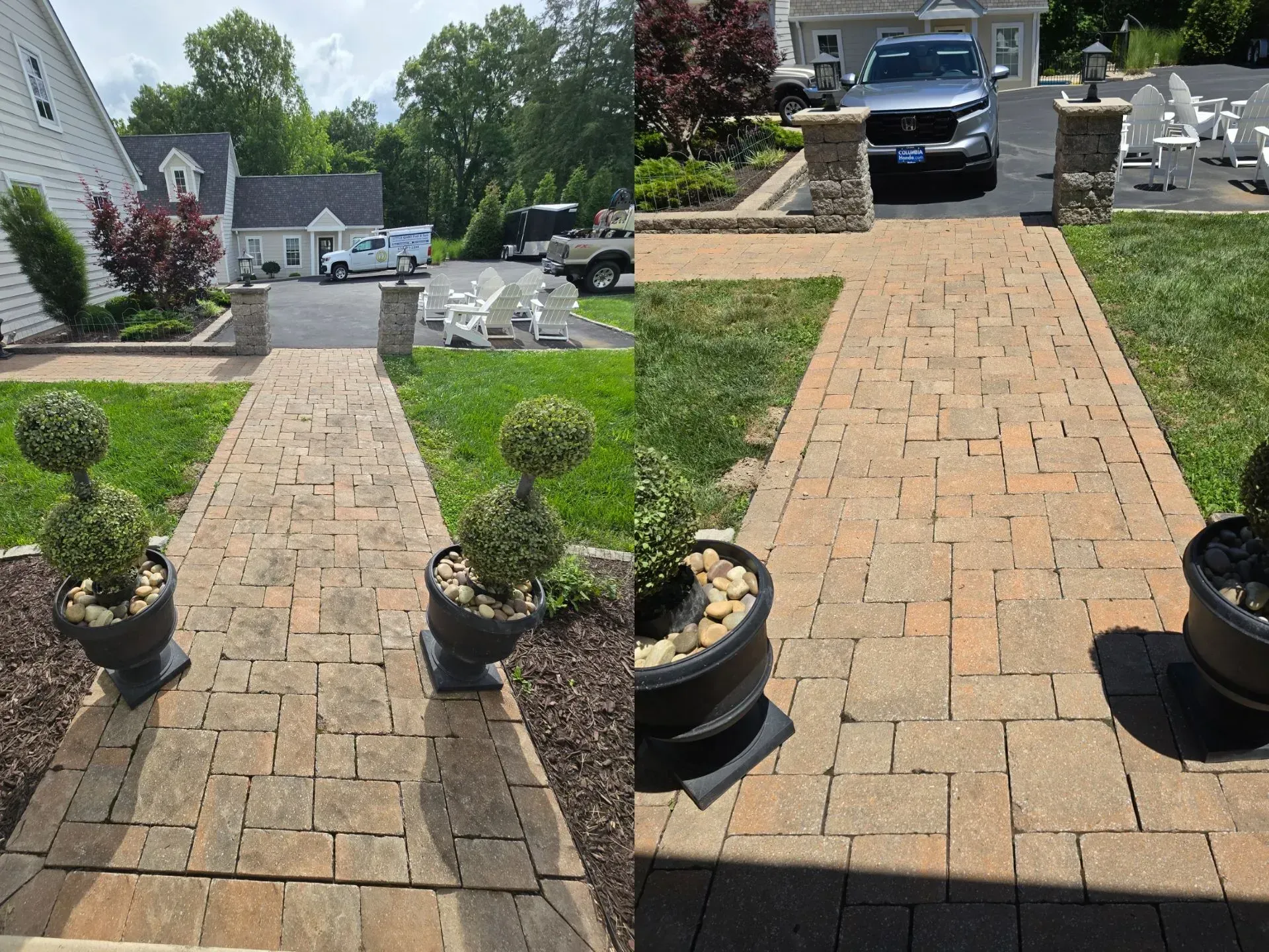A before and after picture of a brick walkway with potted plants on it.