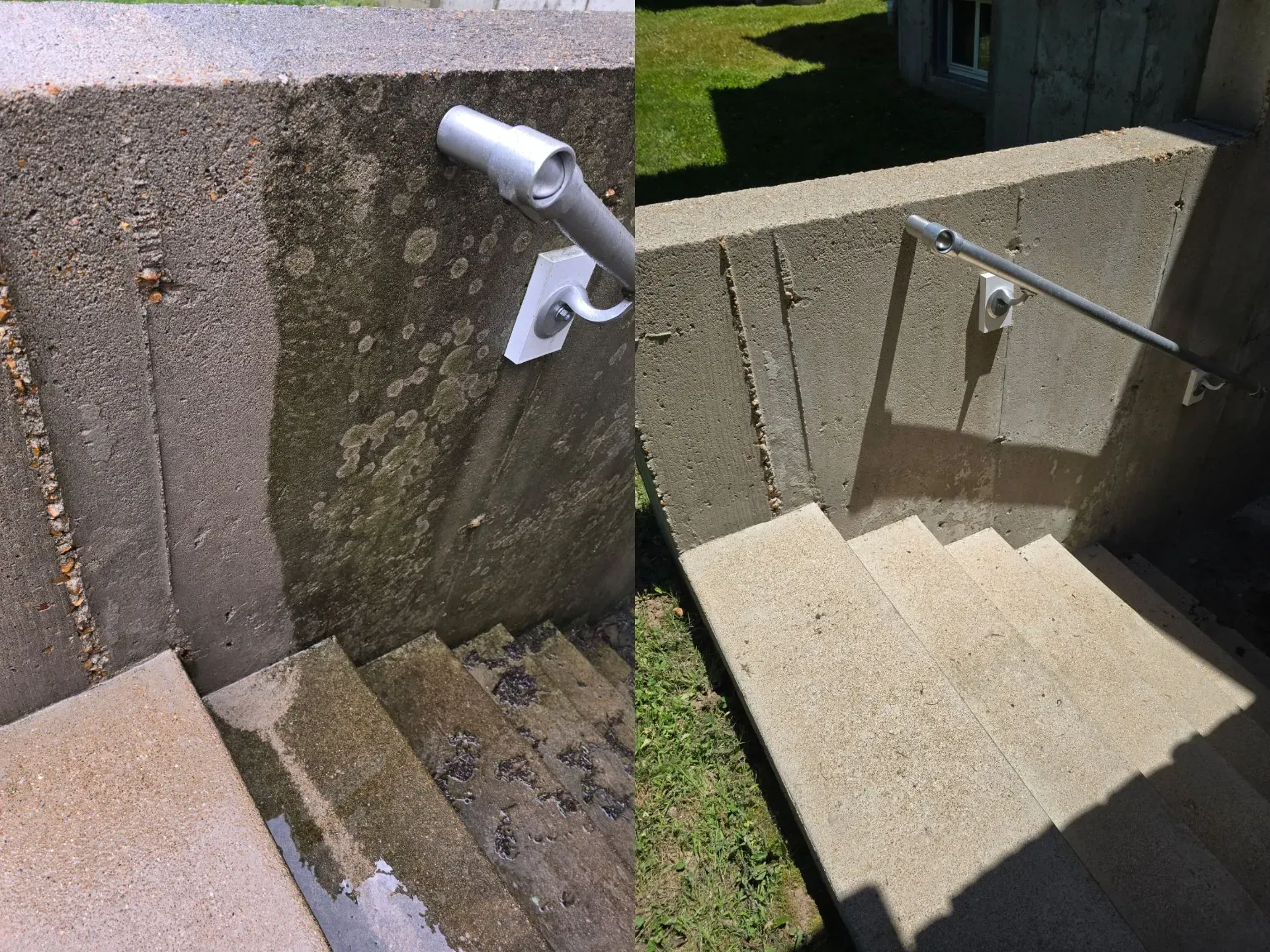 A picture of a staircase with a railing and a picture of a staircase without a railing.
