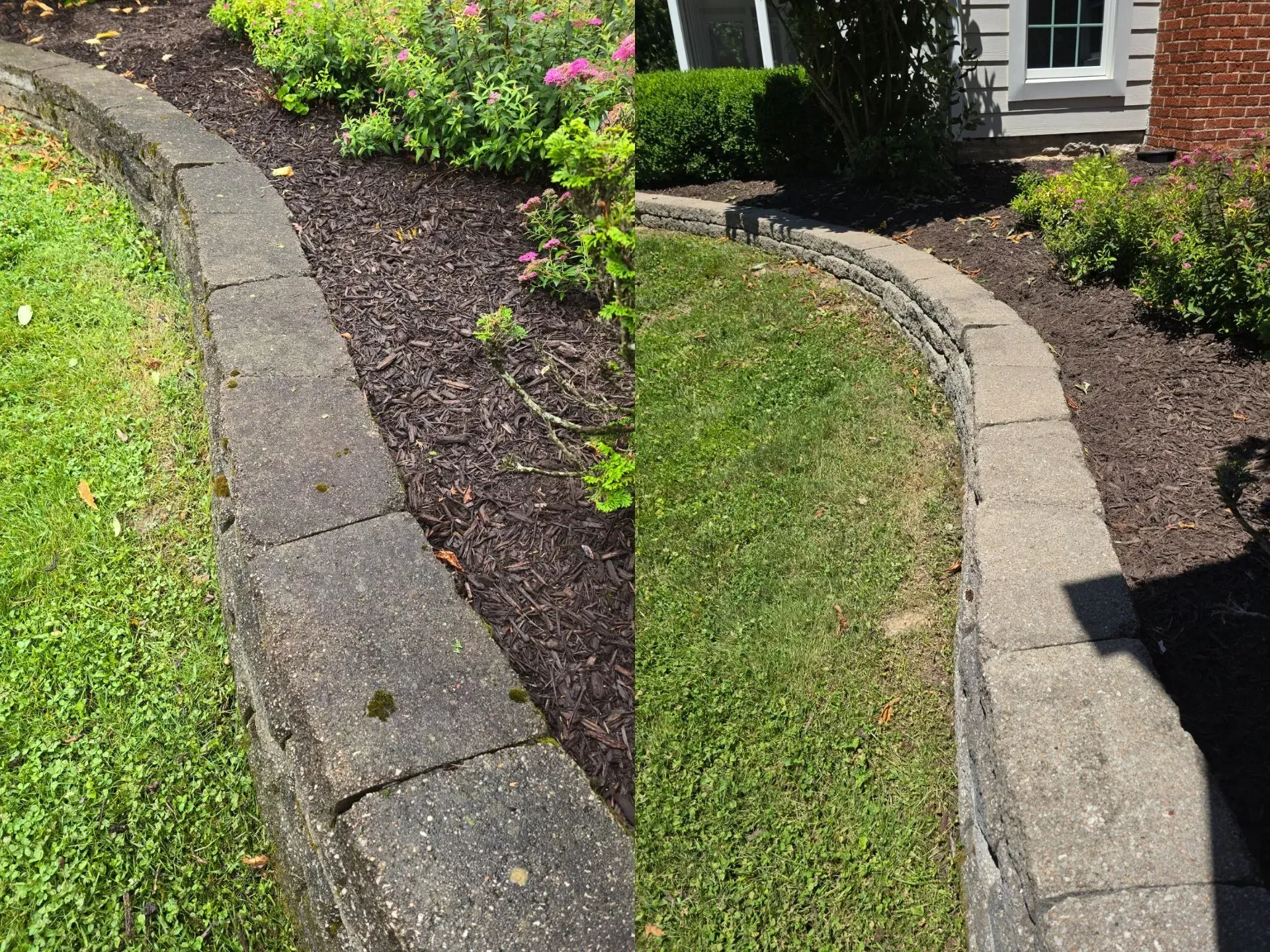 A before and after picture of a lawn with a stone wall.