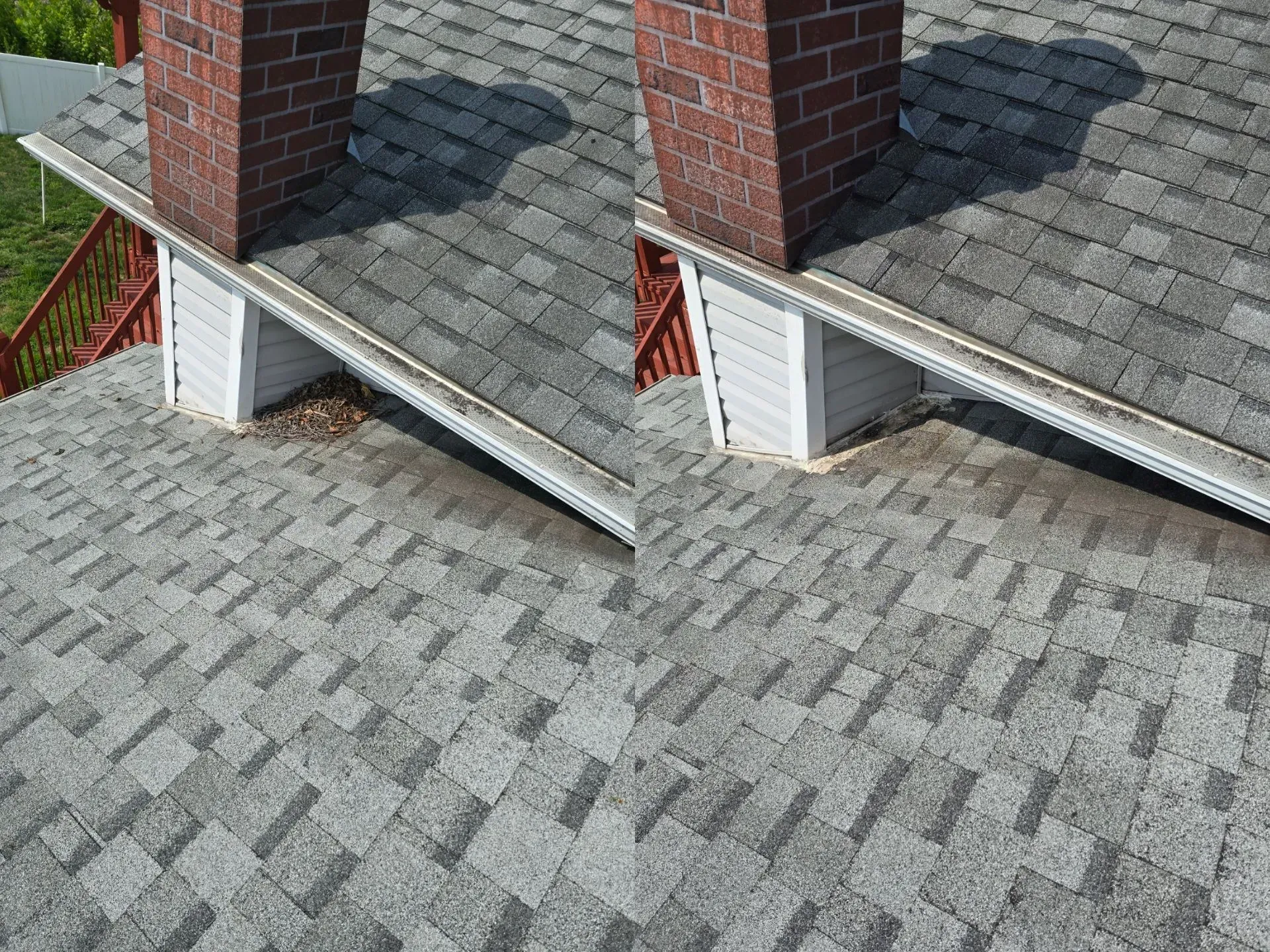 A before and after photo of a roof with a chimney on it.