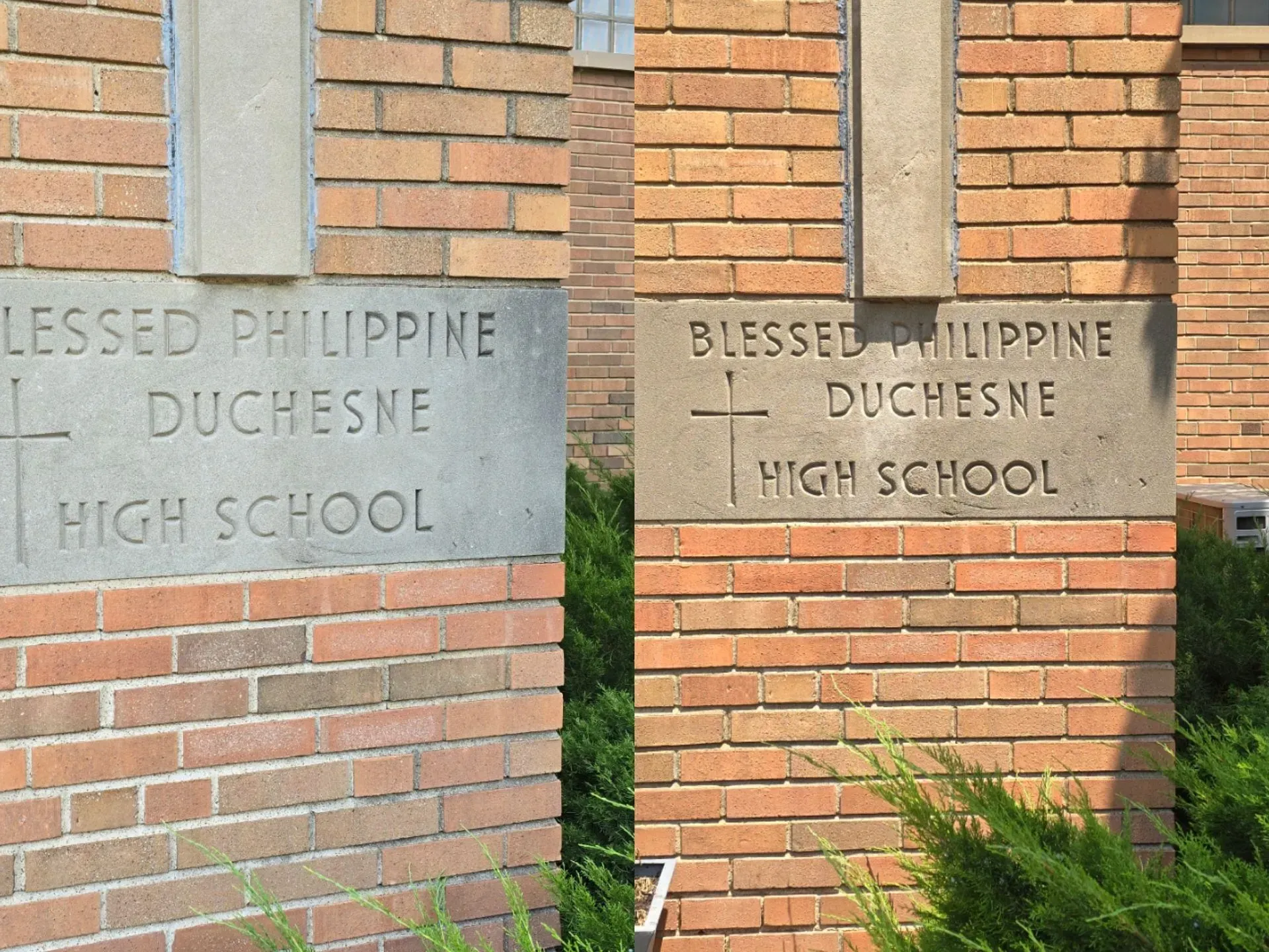 A brick wall with a stone sign that says blessed philippine duchesne high school