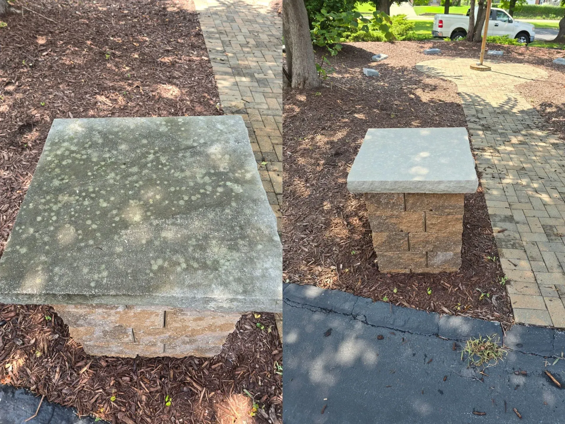 A before and after picture of a concrete table in a park.