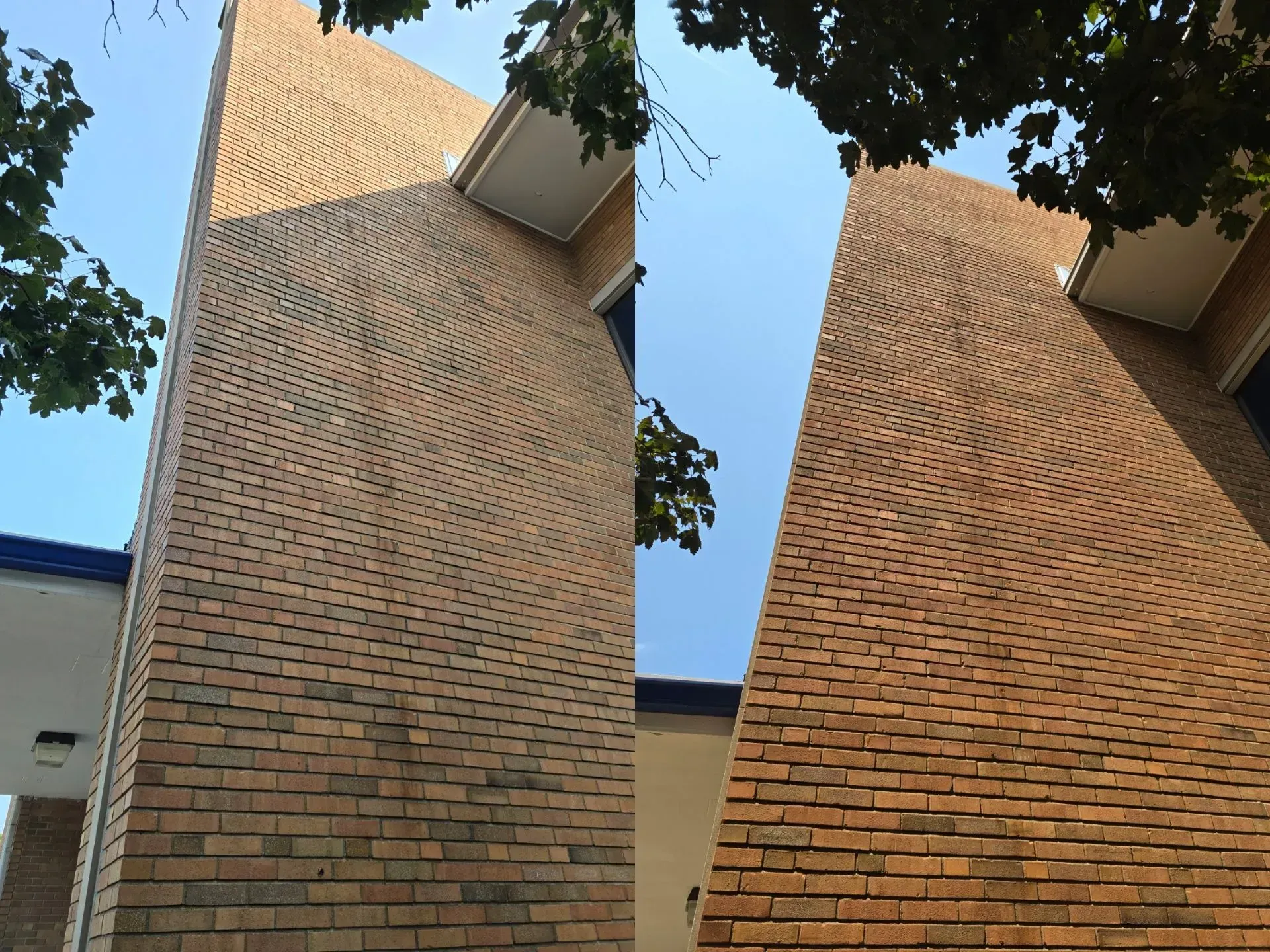 A before and after picture of a brick building
