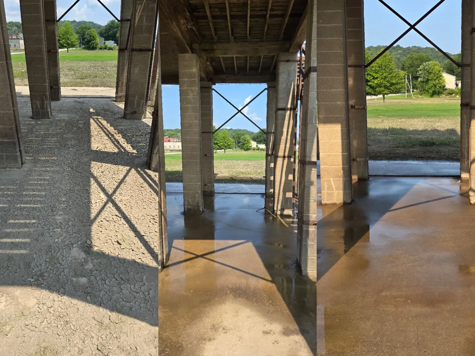 A collage of three pictures of a building under construction