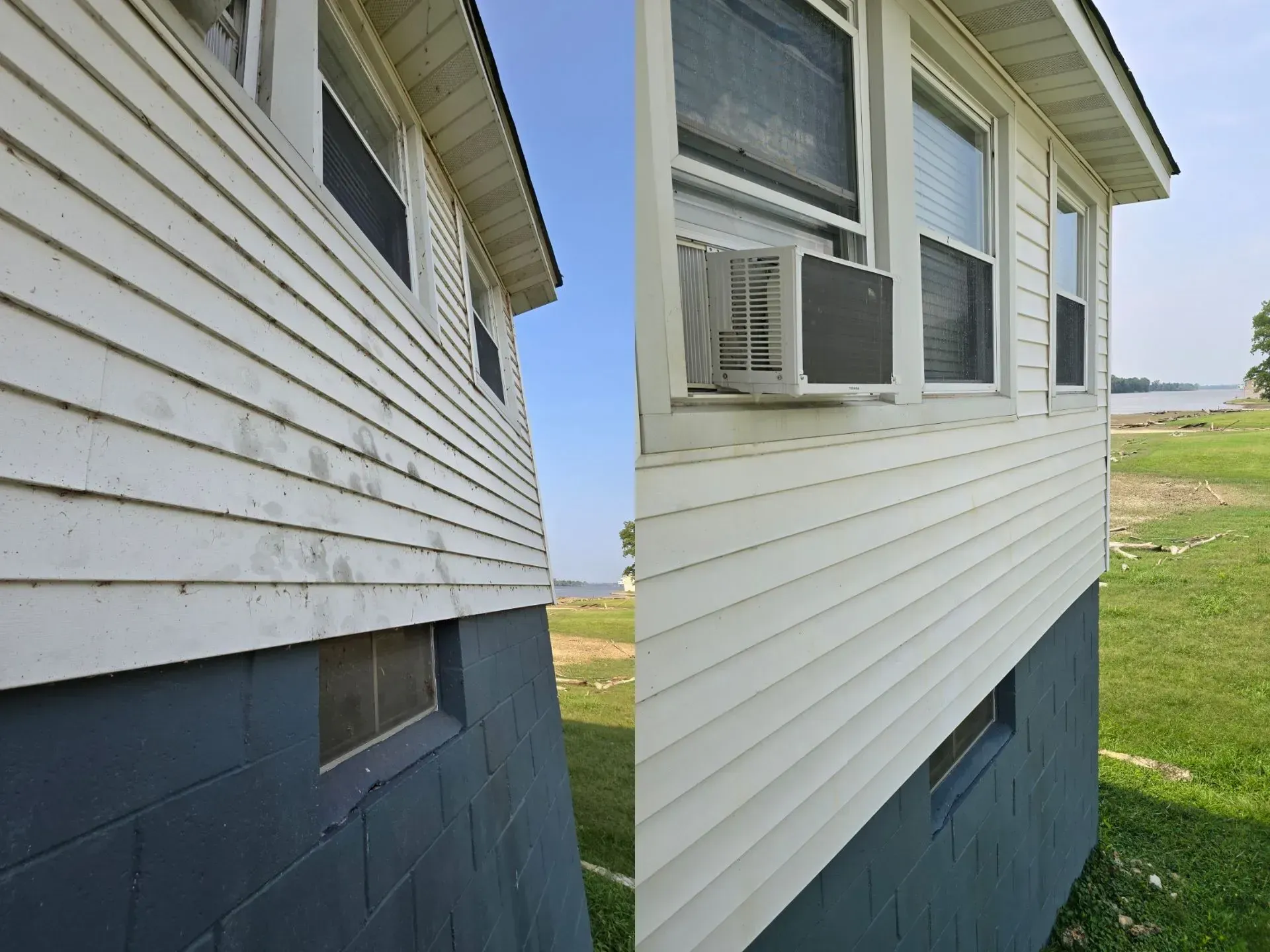 A before and after picture of a house with a window air conditioner.