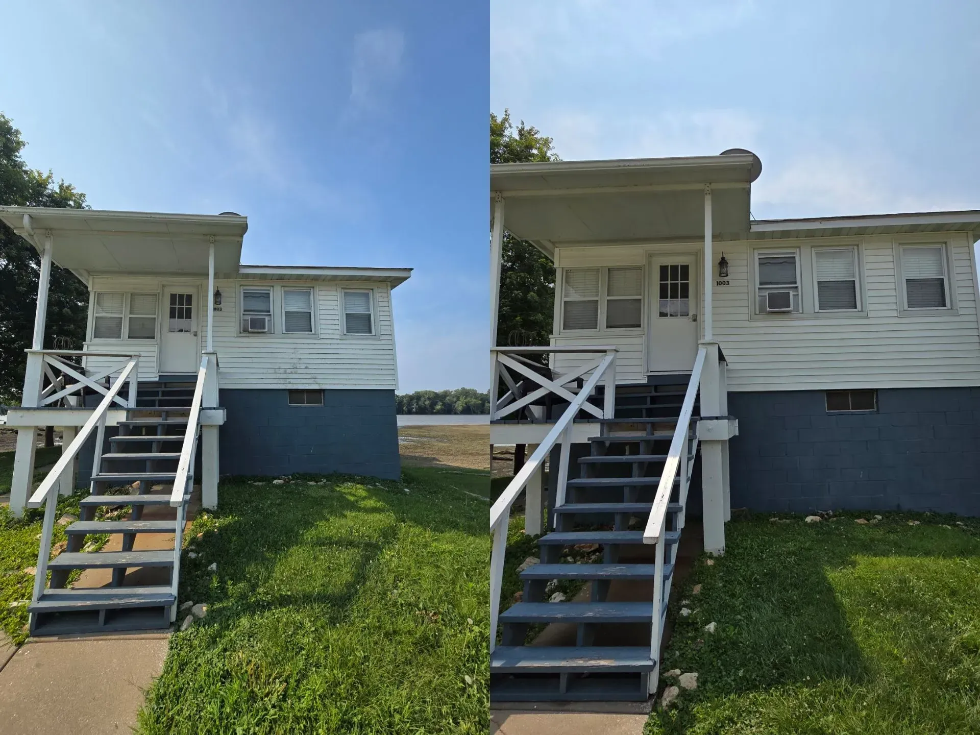 Two pictures of a house with stairs and a porch.