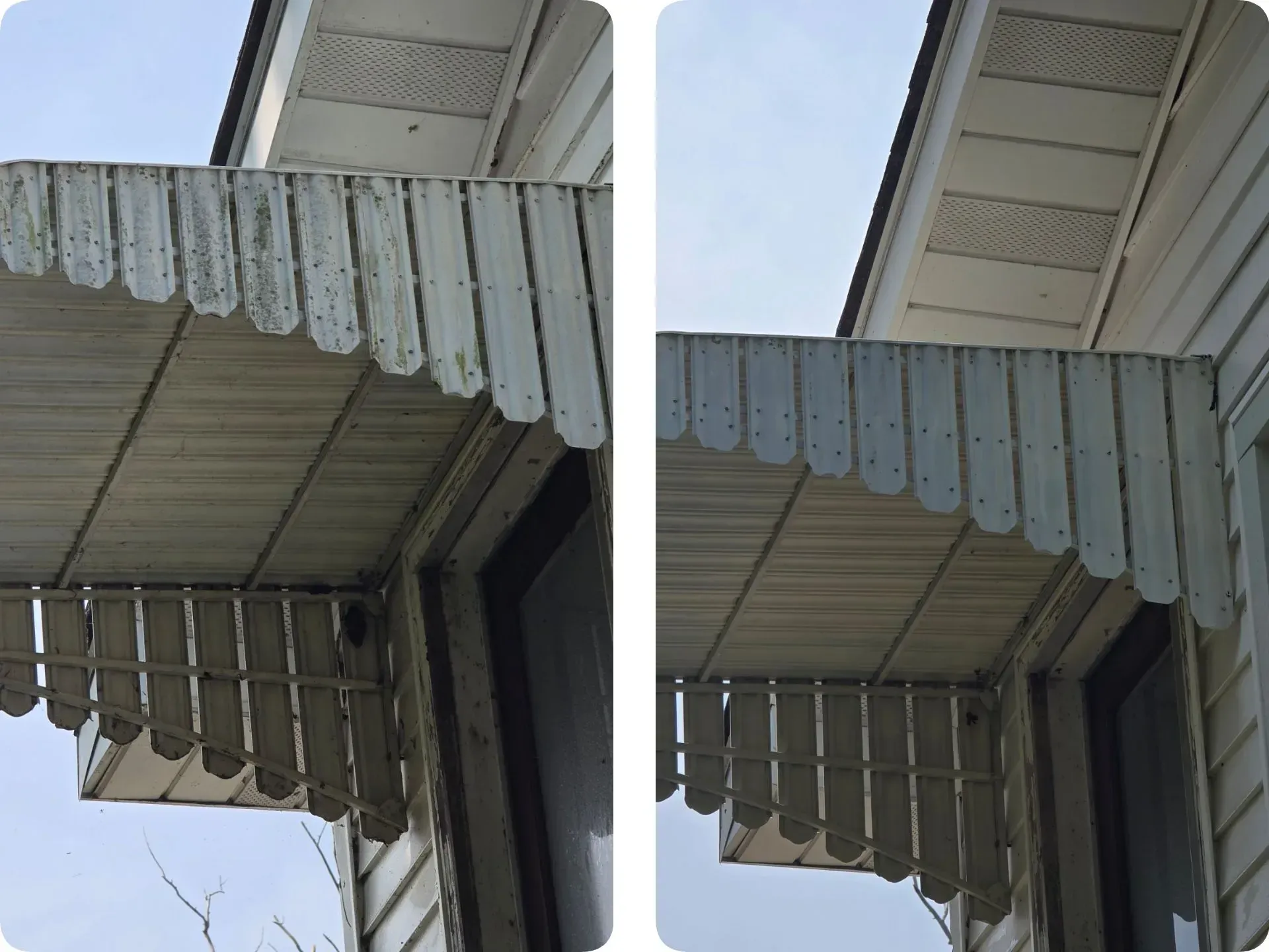 Two pictures of a porch on a house with a blue sky in the background