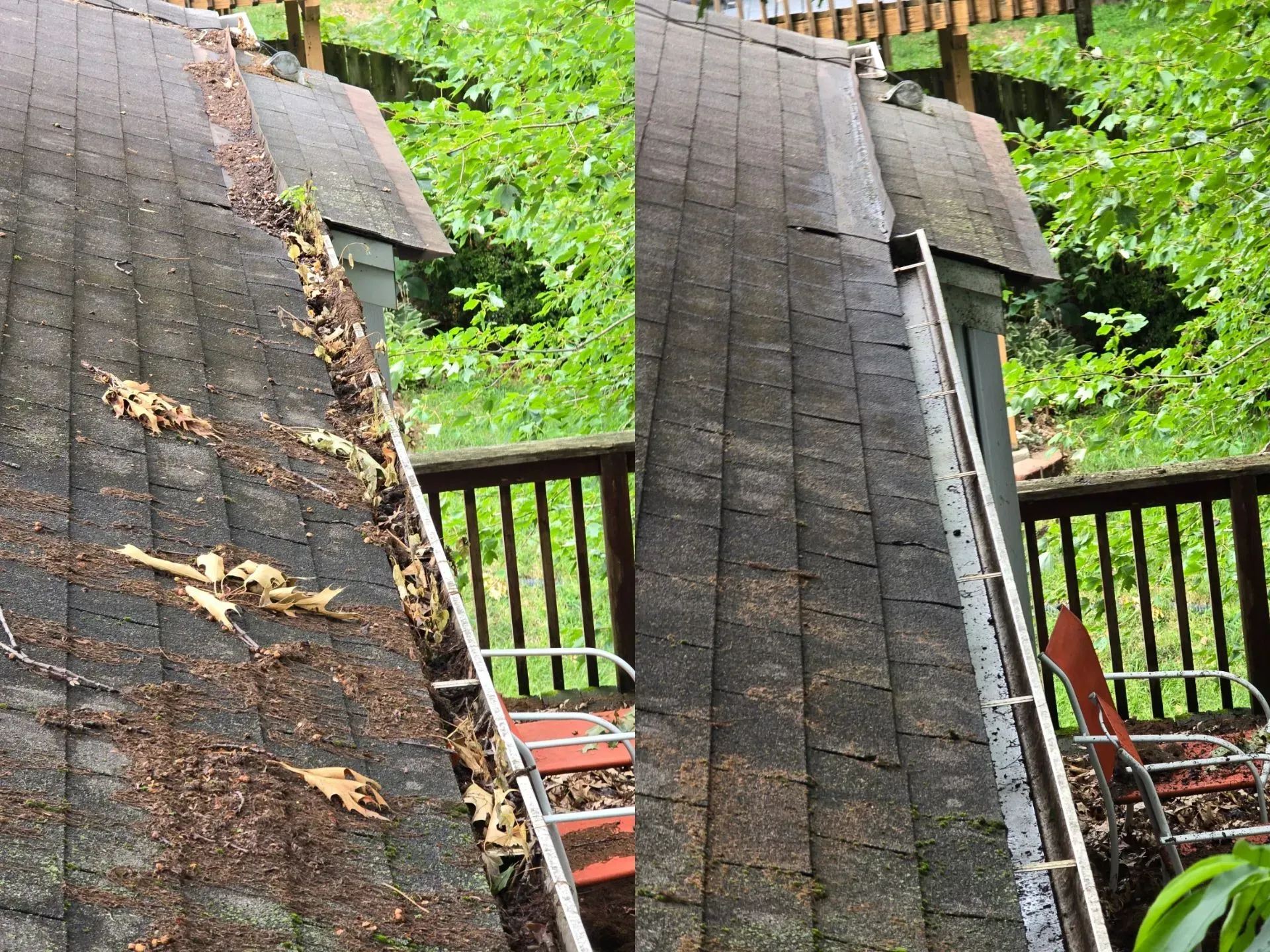 A picture of a roof before and after being cleaned