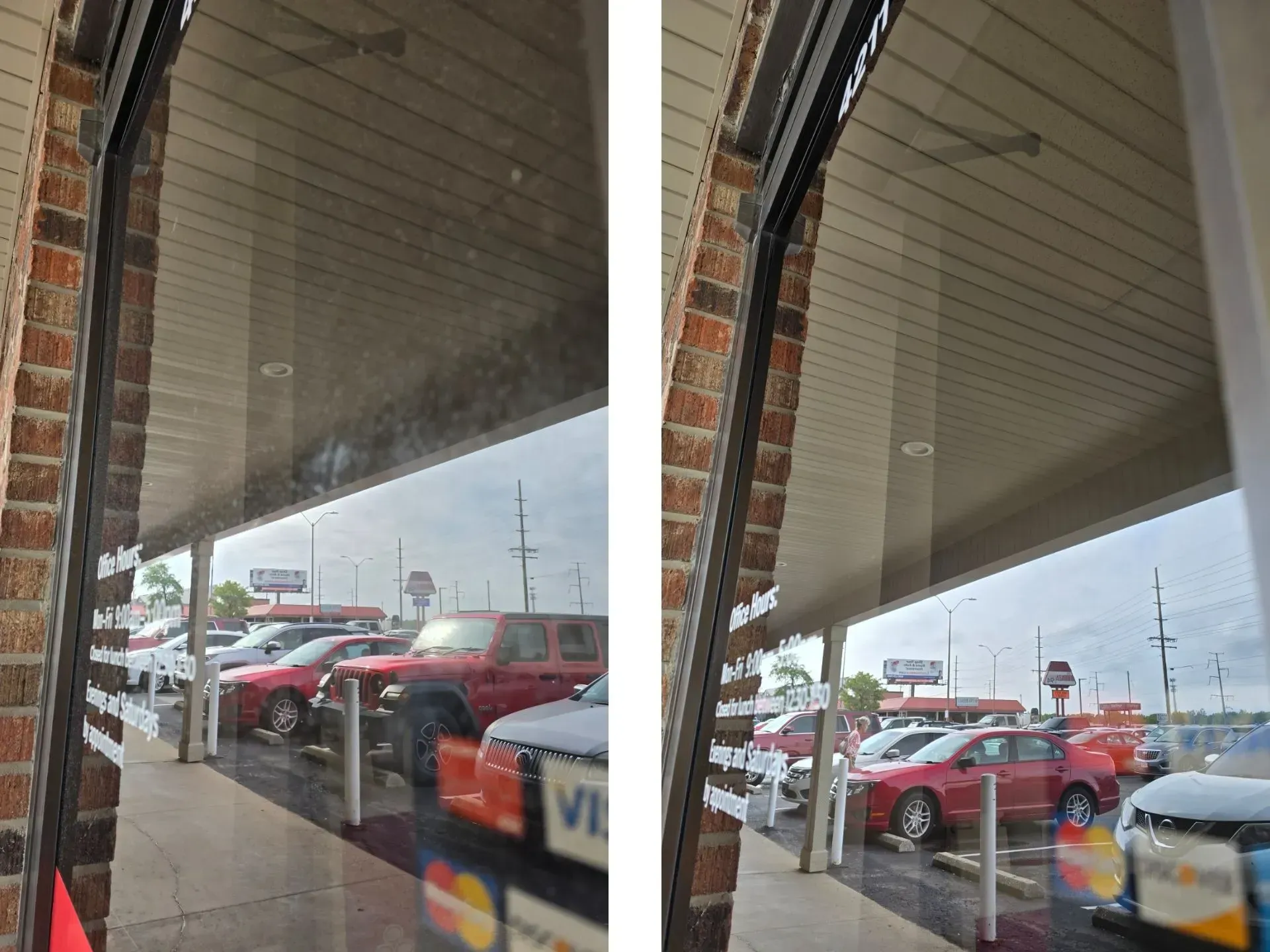 A car dealership with a lot of cars parked in front of it