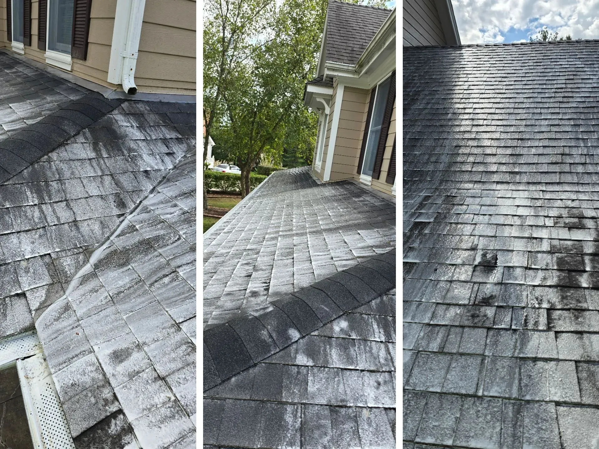 A collage of three pictures of a roof before and after being cleaned.