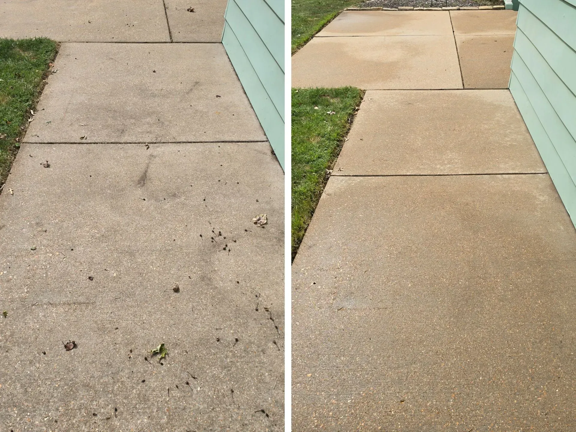 A before and after photo of a concrete sidewalk