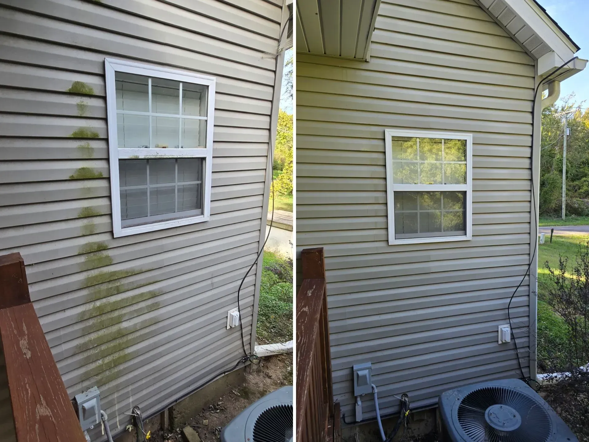 A before and after picture of a house 's siding being cleaned.