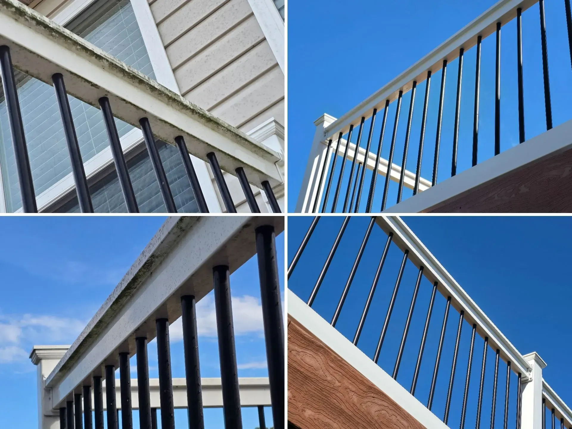 A collage of four pictures of a railing on a balcony