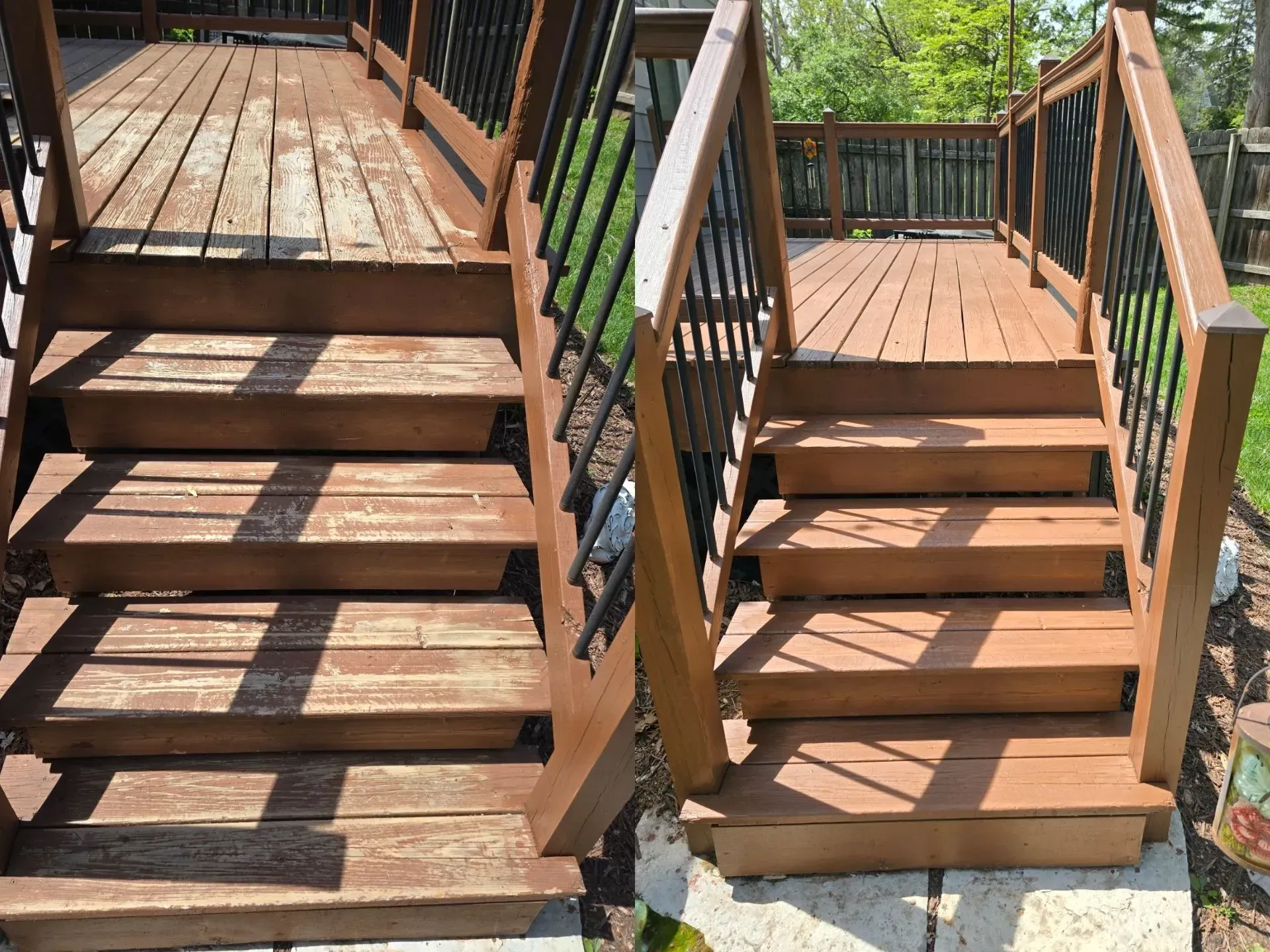 A before and after picture of a wooden deck with stairs.