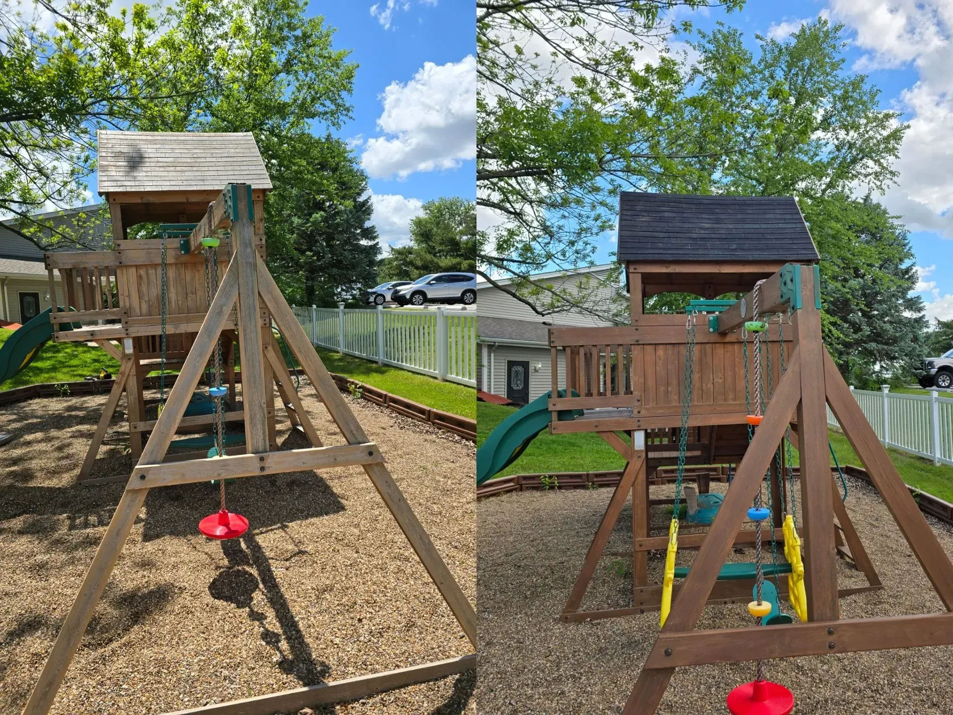 A before and after photo of a wooden playground set.