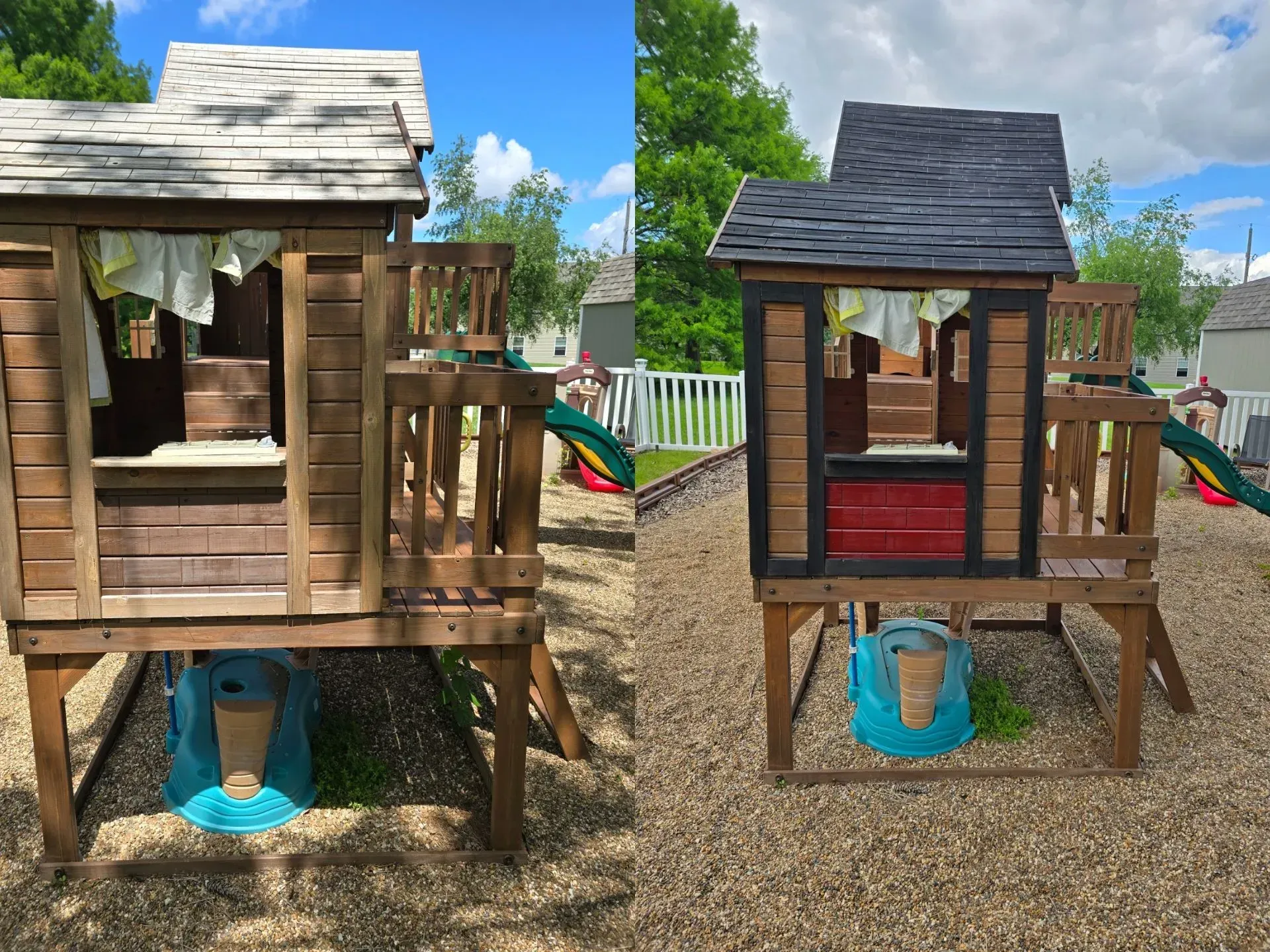 A before and after picture of a wooden playhouse in a playground.