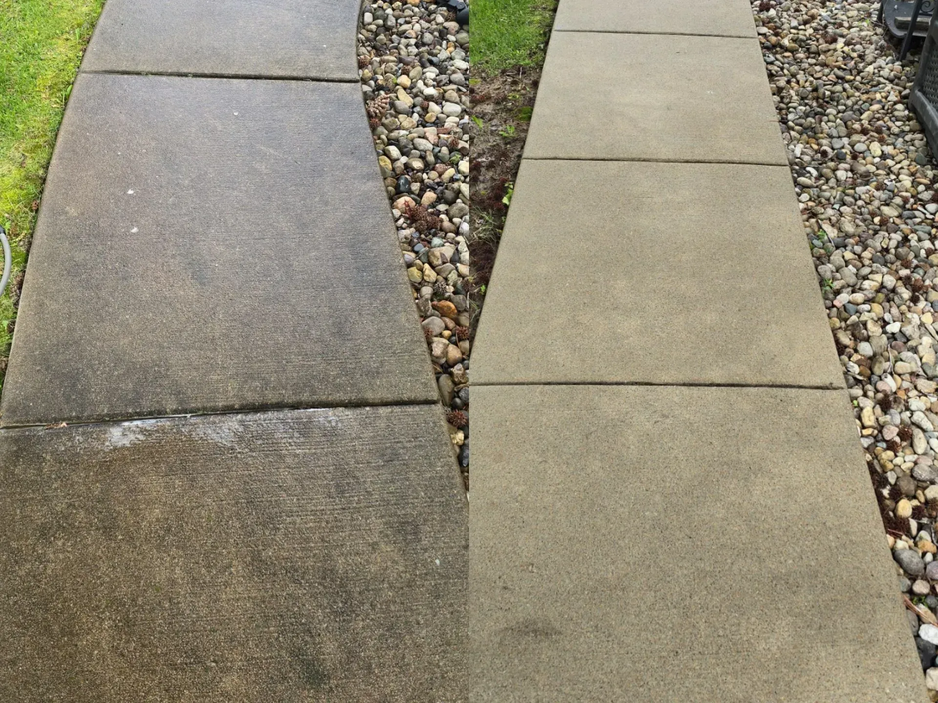 A sidewalk is shown before and after being cleaned.