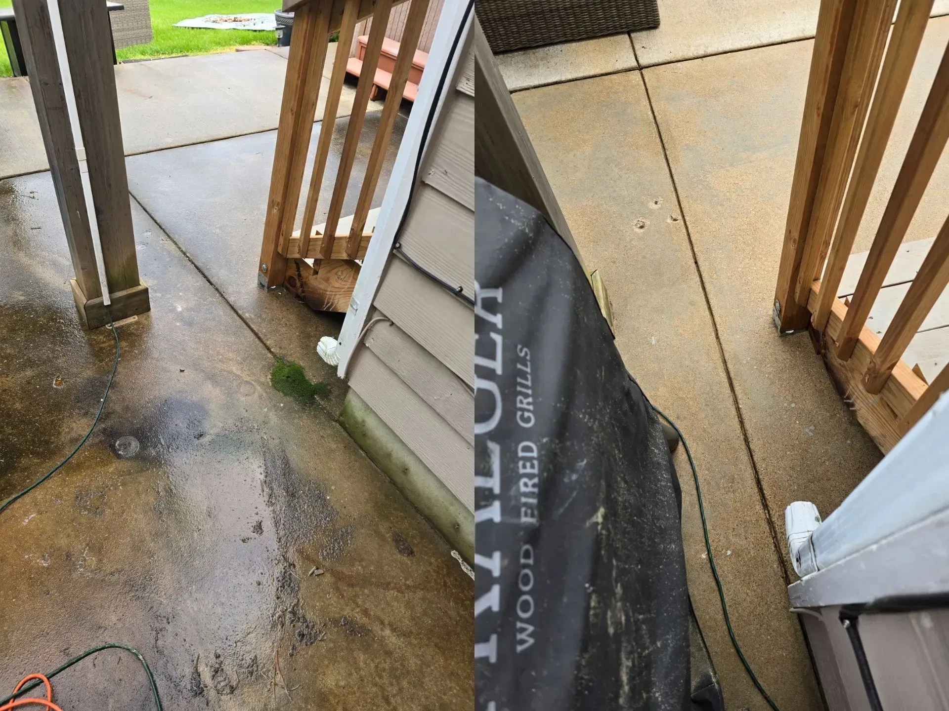 A before and after picture of a deck with a wood fired grill