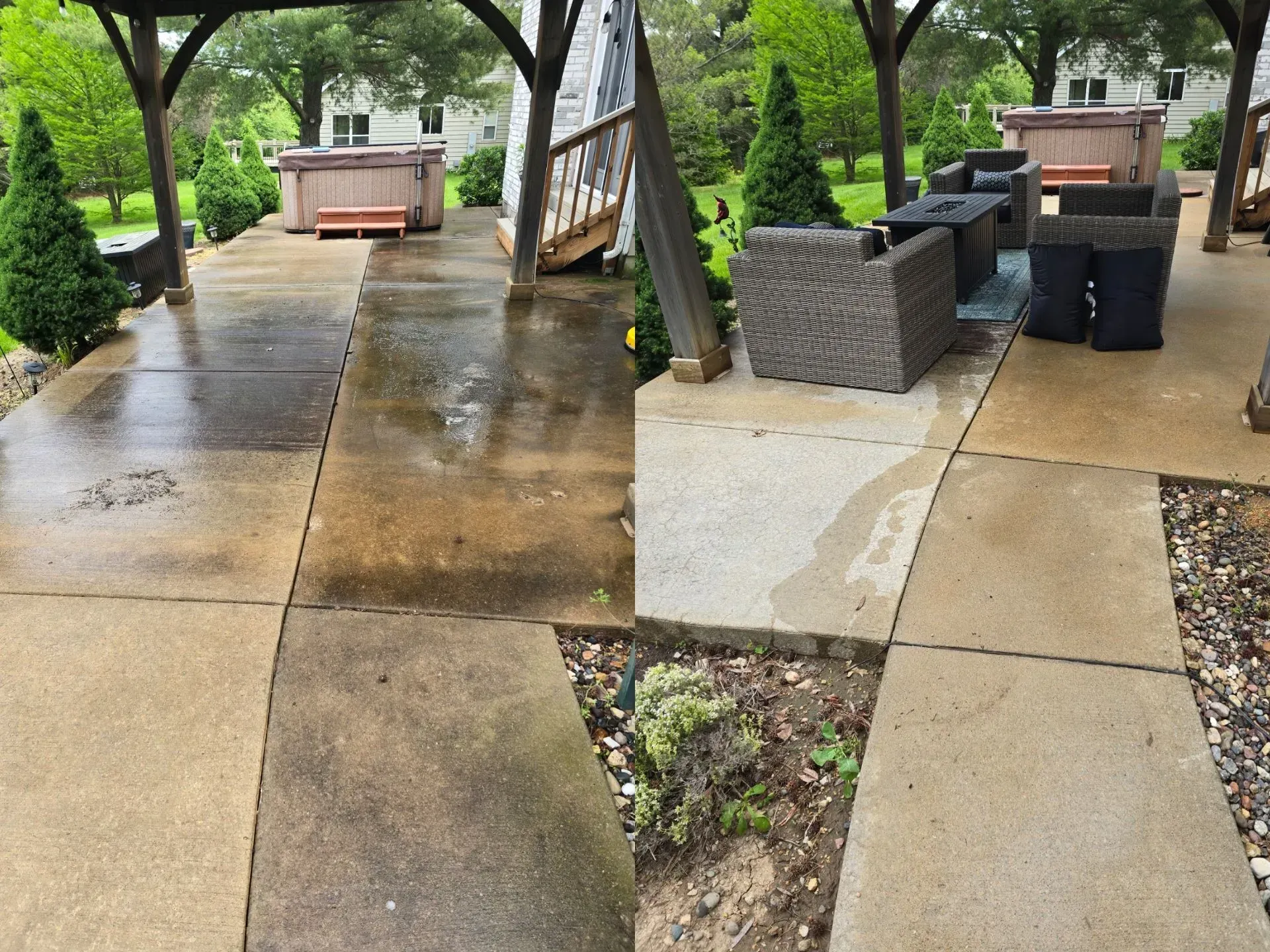 A before and after photo of a patio with a hot tub.