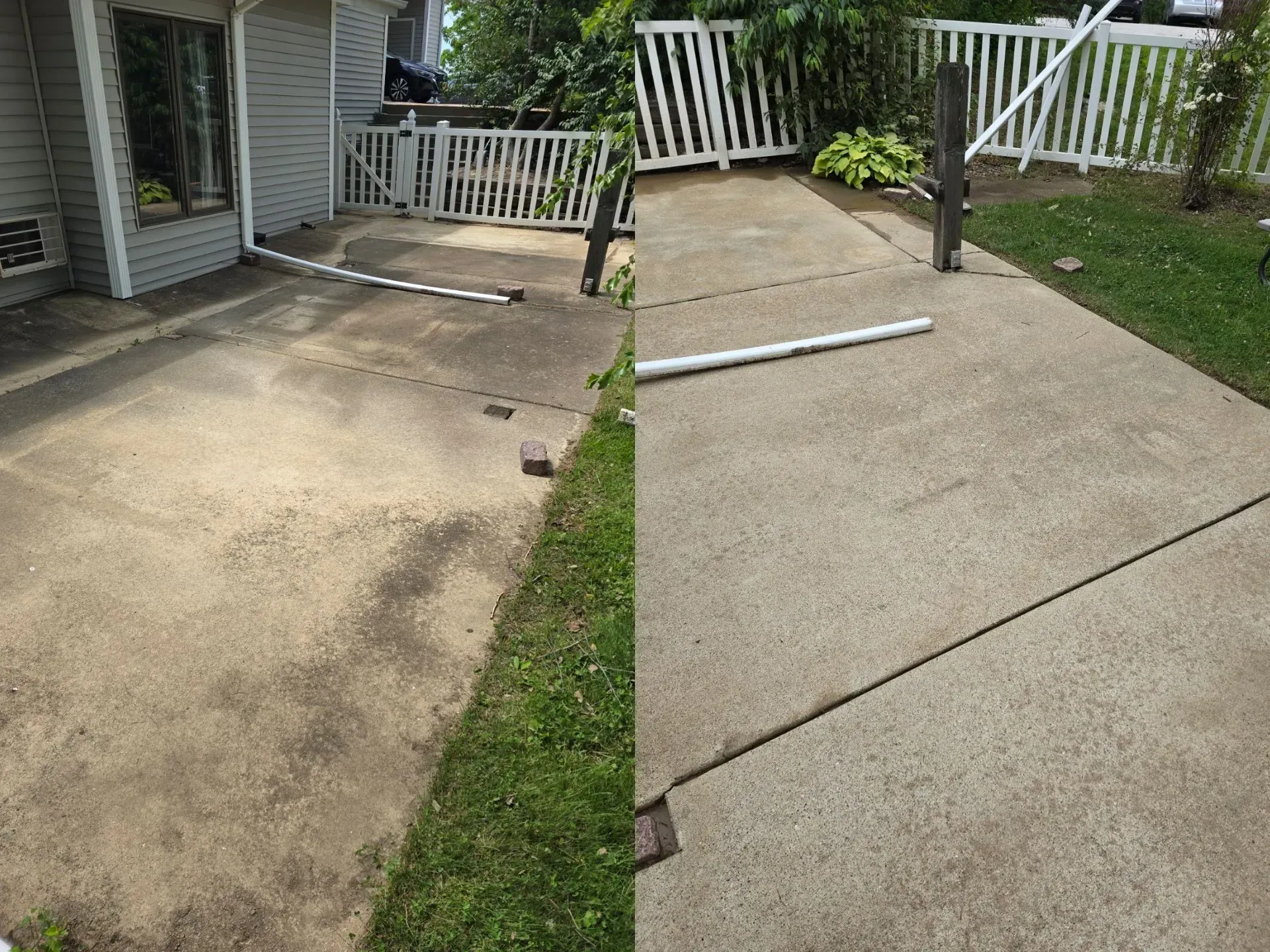 A before and after photo of a concrete driveway in front of a house.