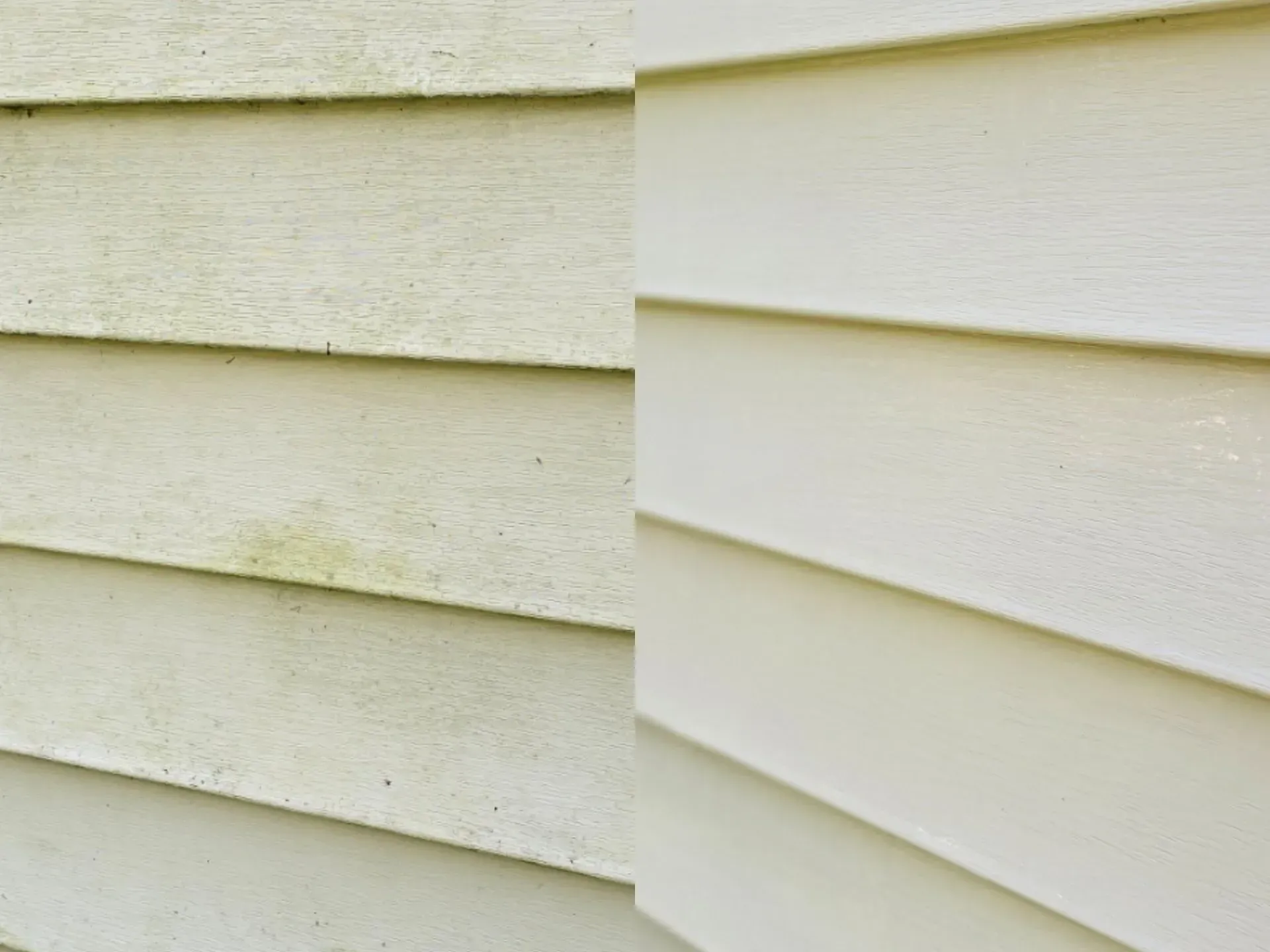 A before and after picture of a white siding on a house.