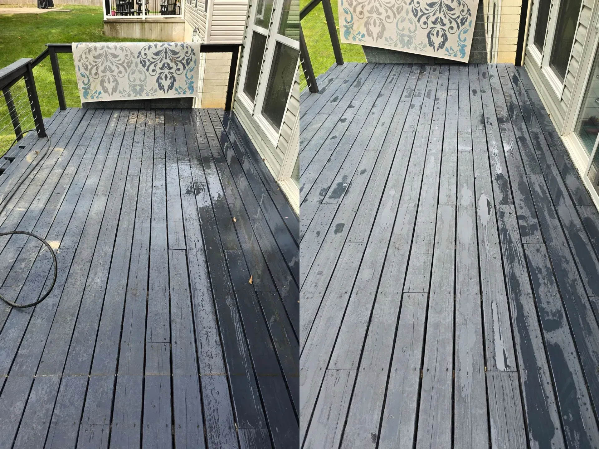 A before and after picture of a wooden deck being cleaned.