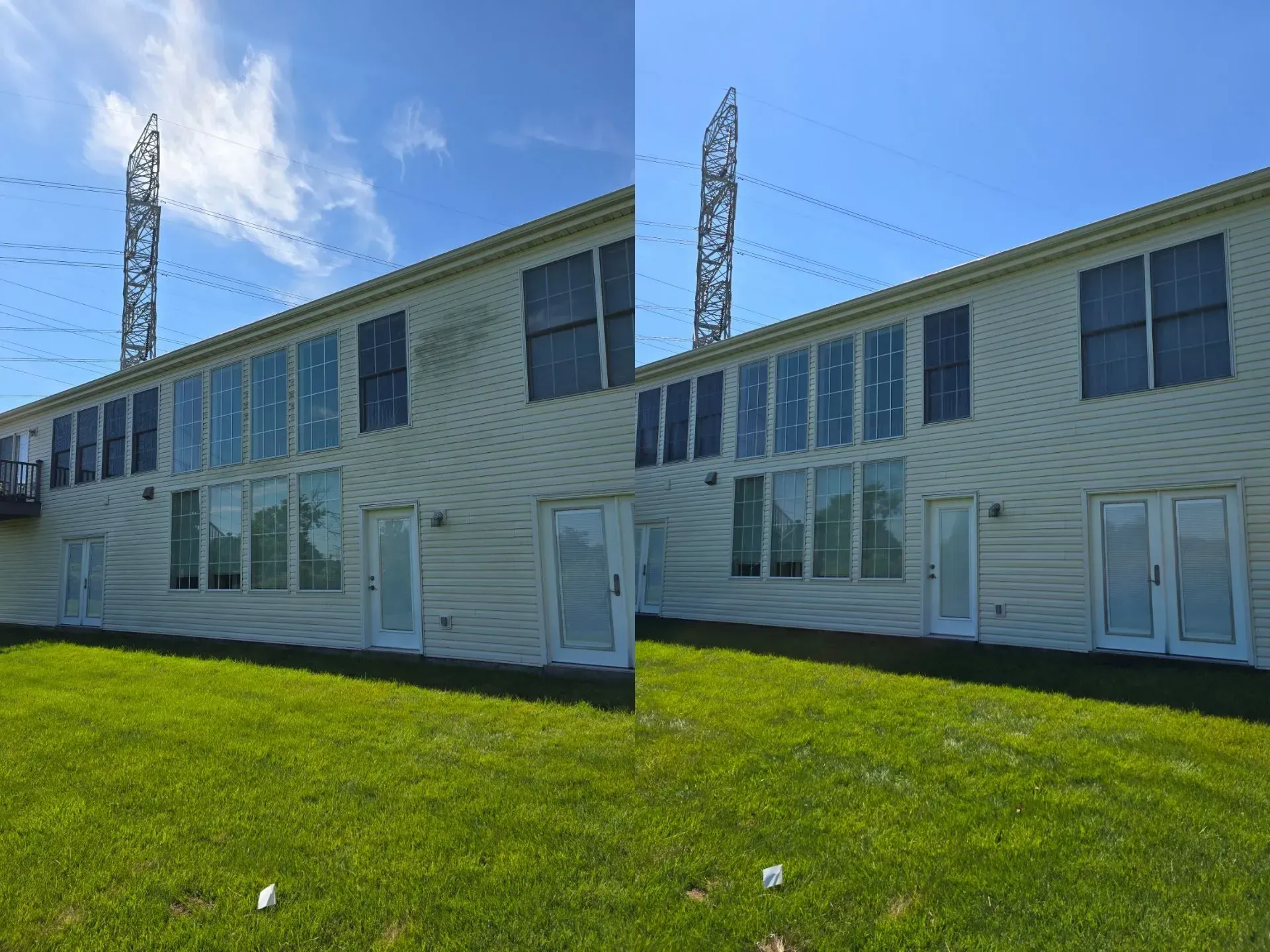 A before and after picture of a house with a lot of windows.