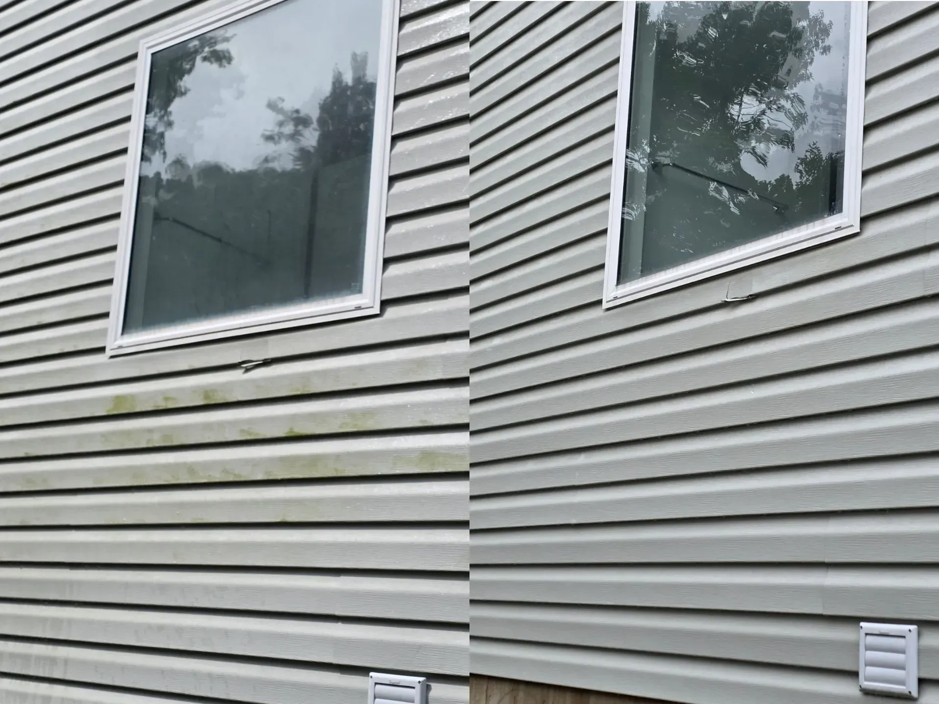 A before and after picture of a house 's siding and windows.