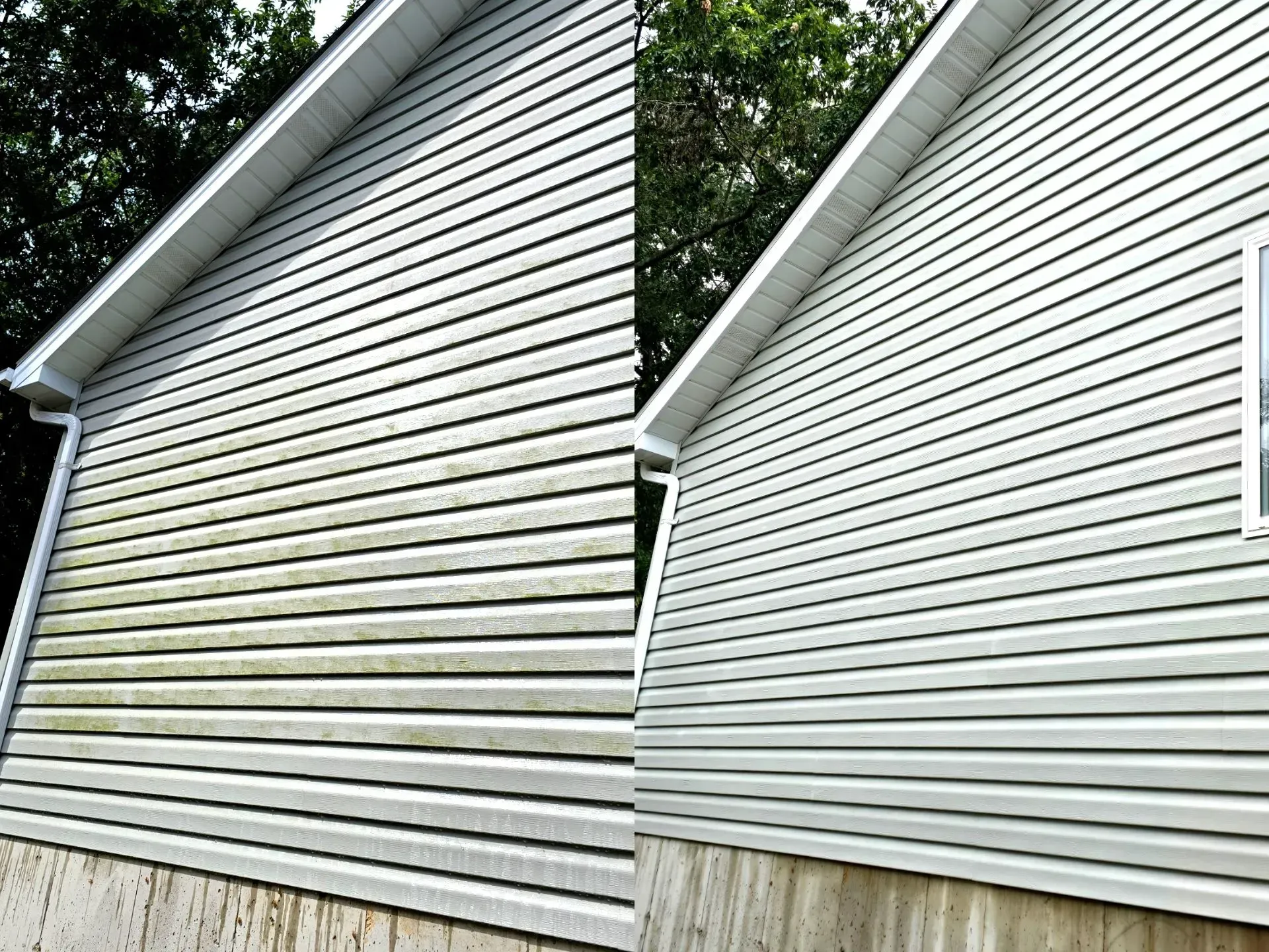 A before and after picture of a house 's siding being cleaned.