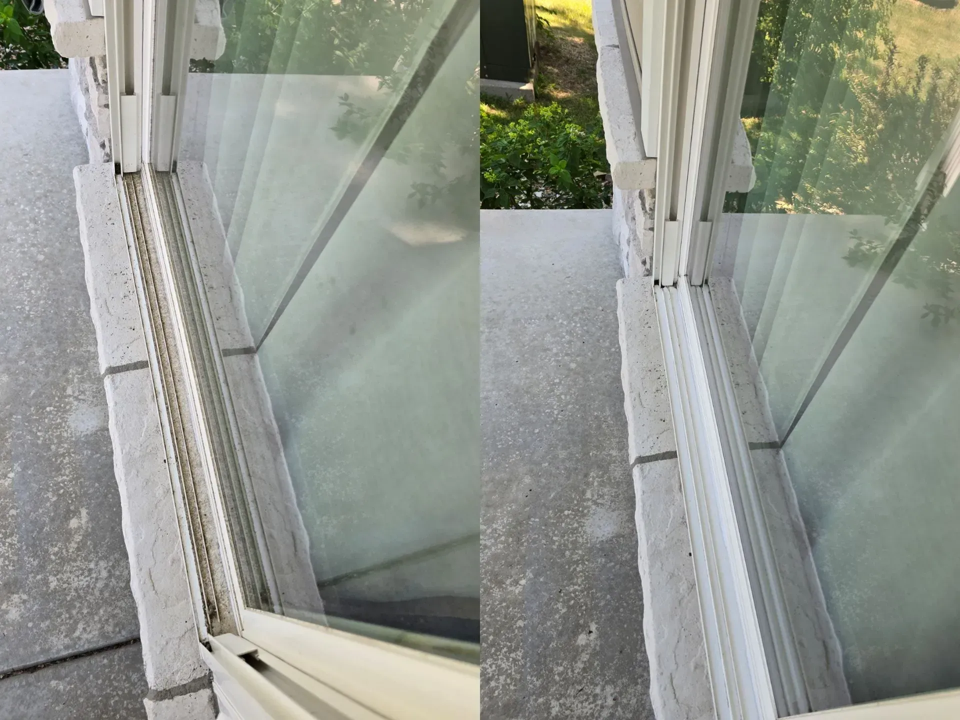 A before and after picture of a window with a sliding glass door.