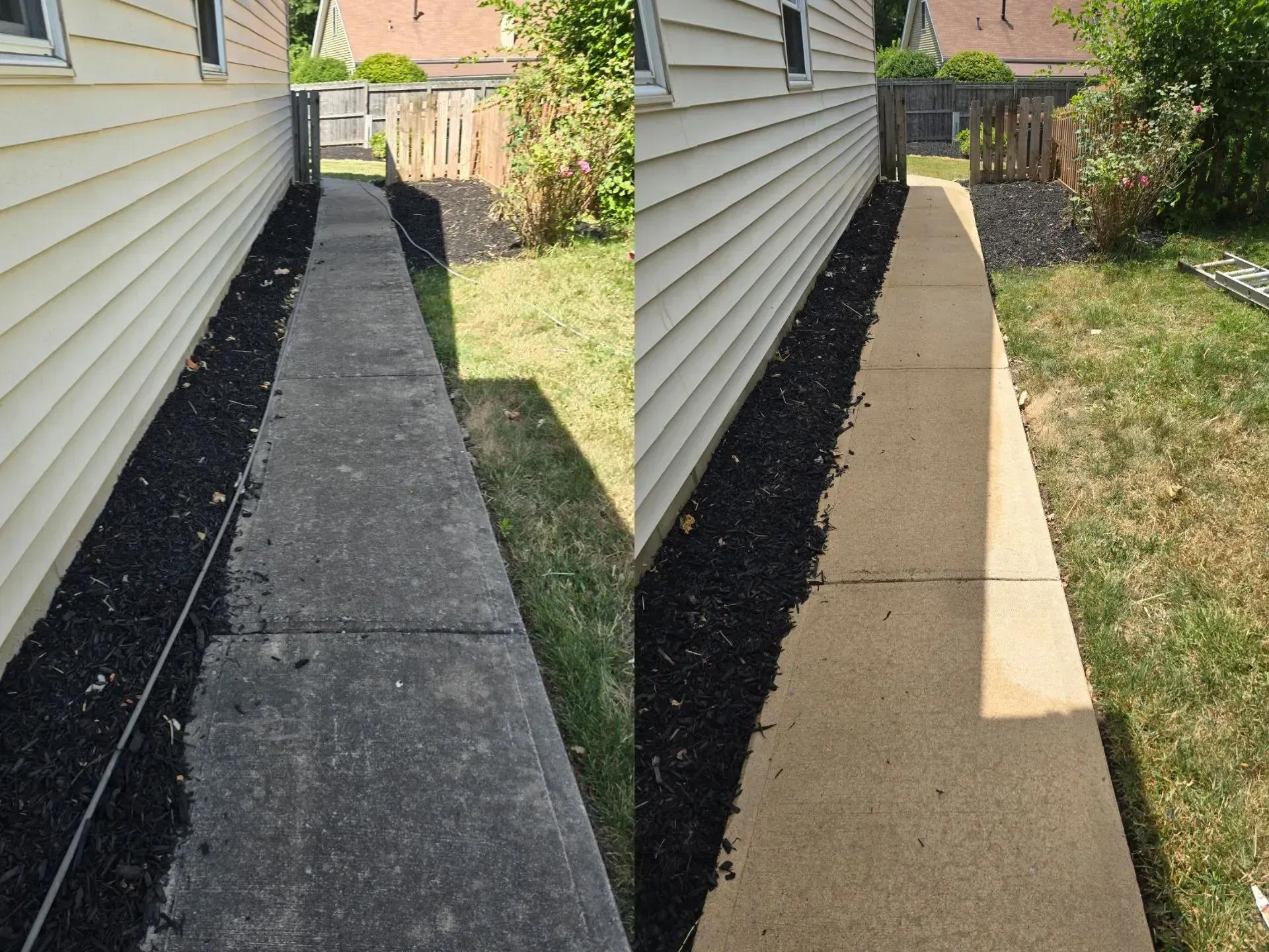 A before and after picture of a sidewalk next to a house
