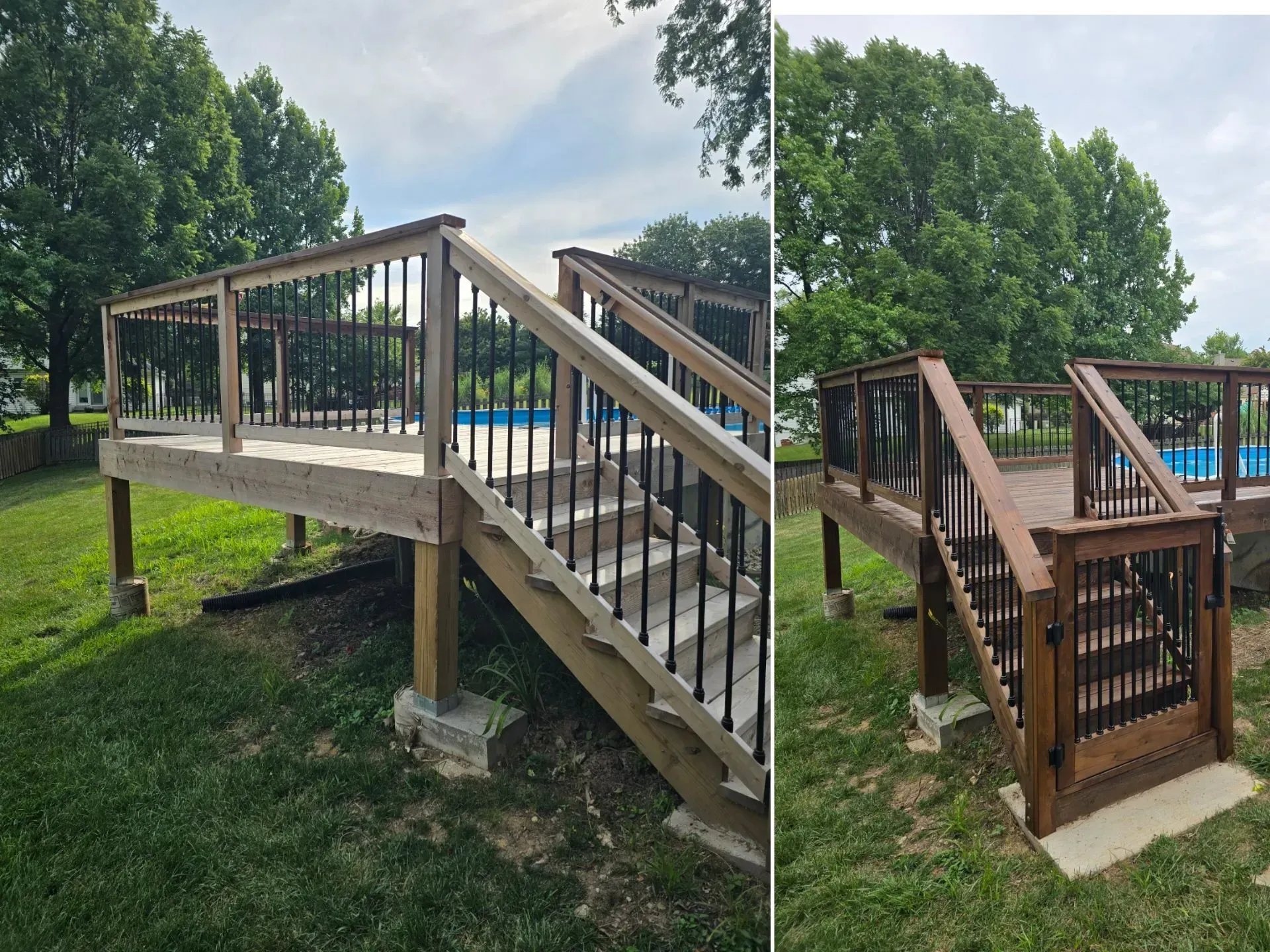 A wooden deck with stairs leading up to it