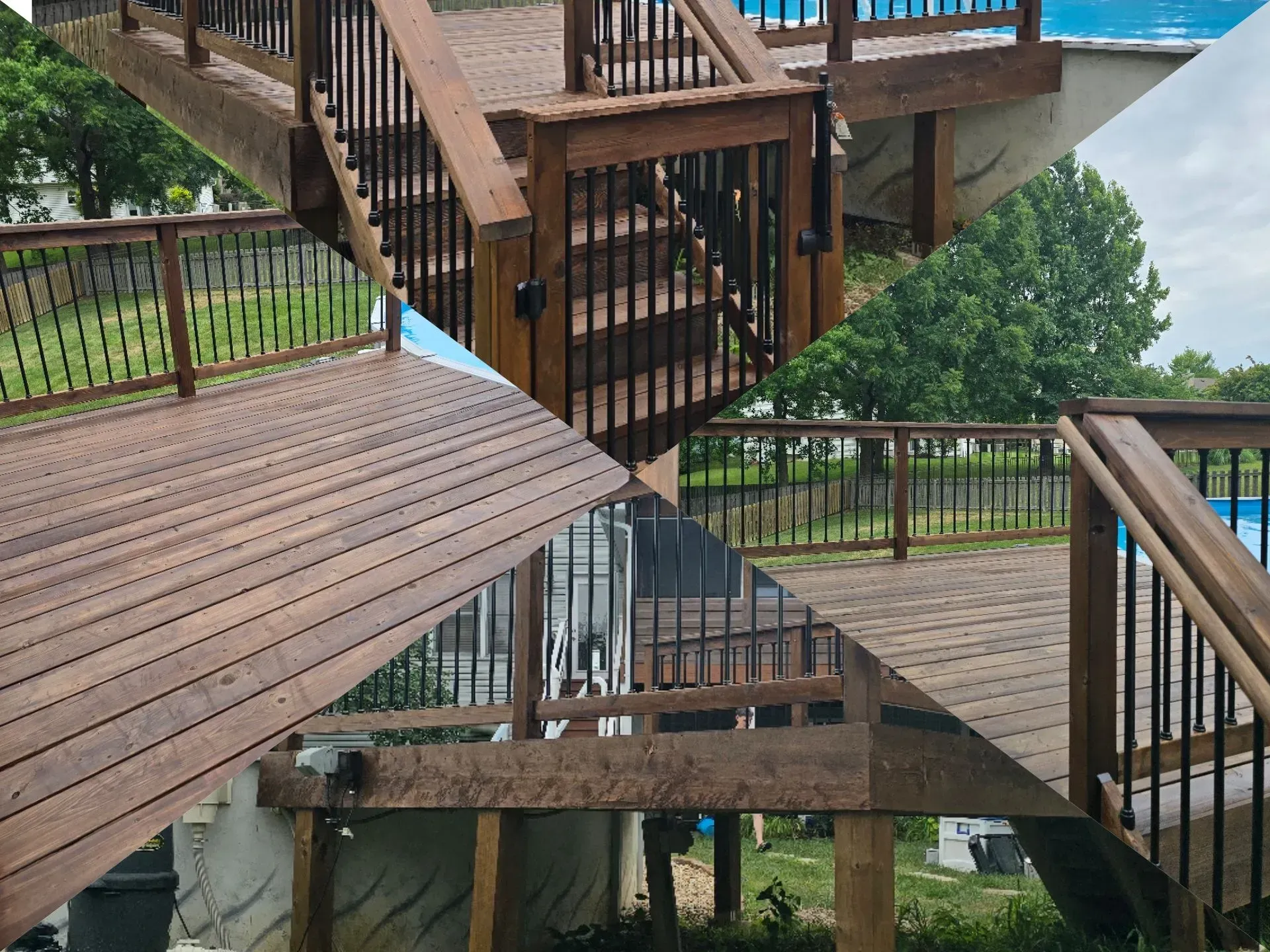 A wooden deck with stairs and a pool in the background