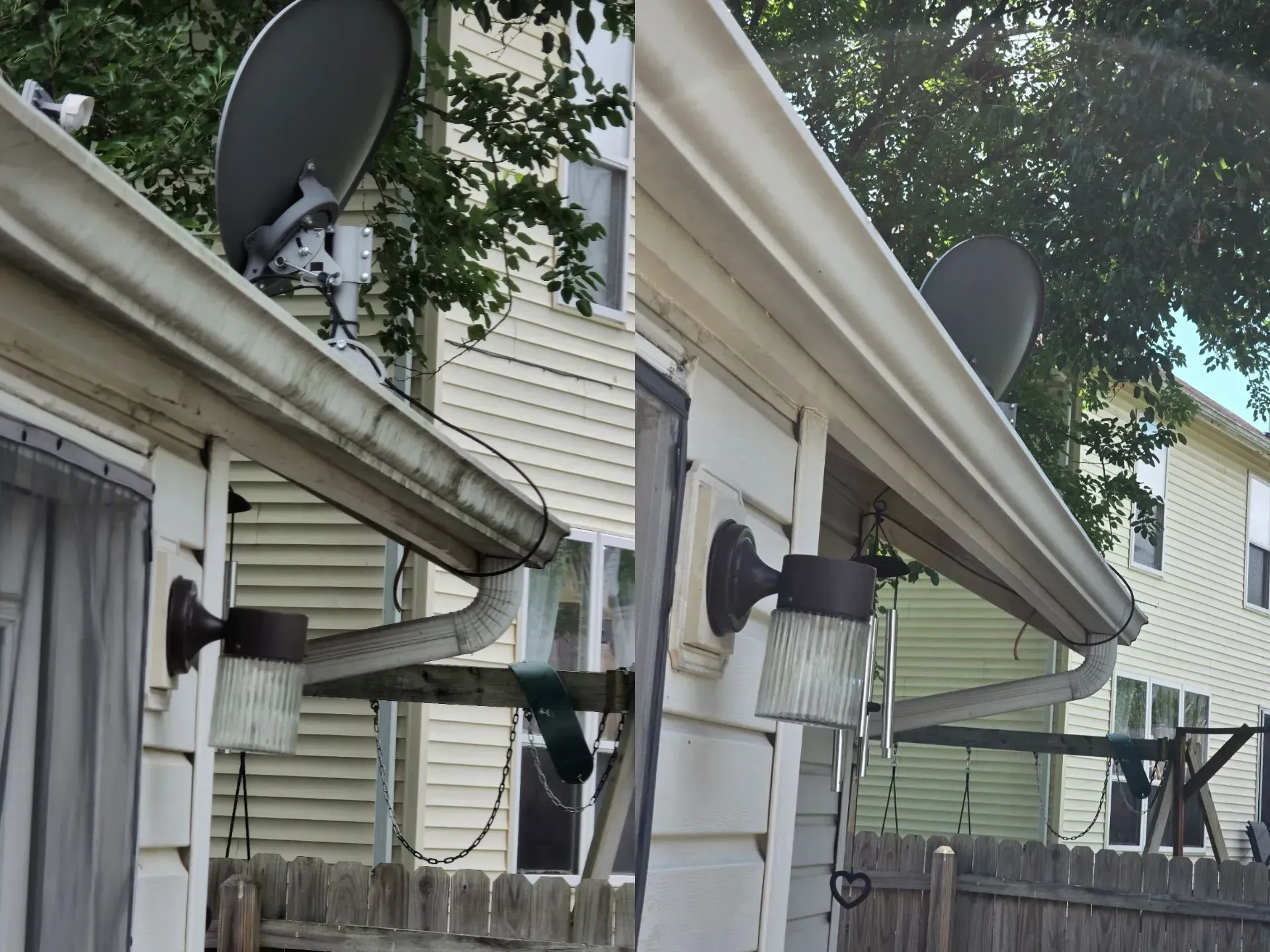 Two pictures of a house with a satellite dish on the roof