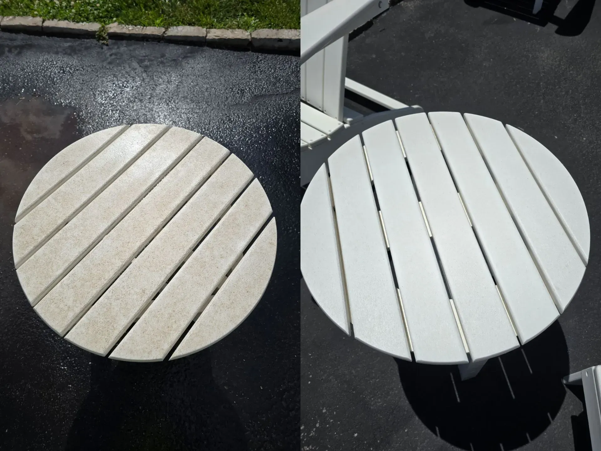 A before and after photo of a wooden table